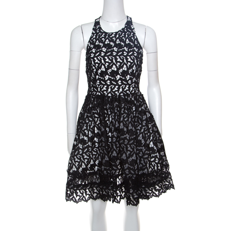 Alice + Olivia Black Guipure Lace Angular Racer Back Mariel Dress S