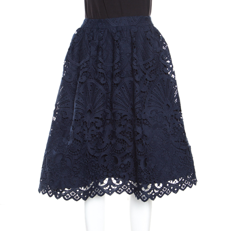 Pre Owned Alice + Olivia Sapphire Blue Floral Guipure Lace Gathered Joyce Skirt M