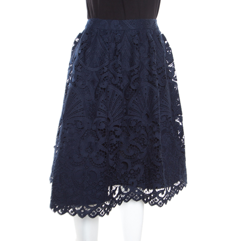 

Alice + Olivia Sapphire Blue Floral Guipure Lace Gathered Joyce Skirt, Navy blue