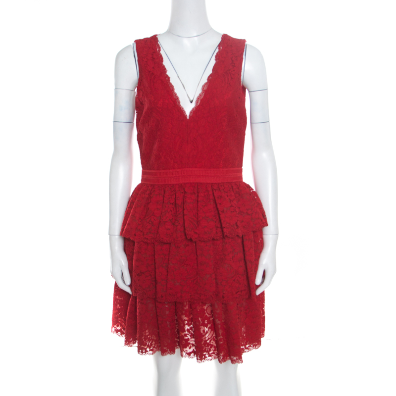 Alice + Olivia Deep Ruby Floral Lace Tiered Clora Mini Dress M
