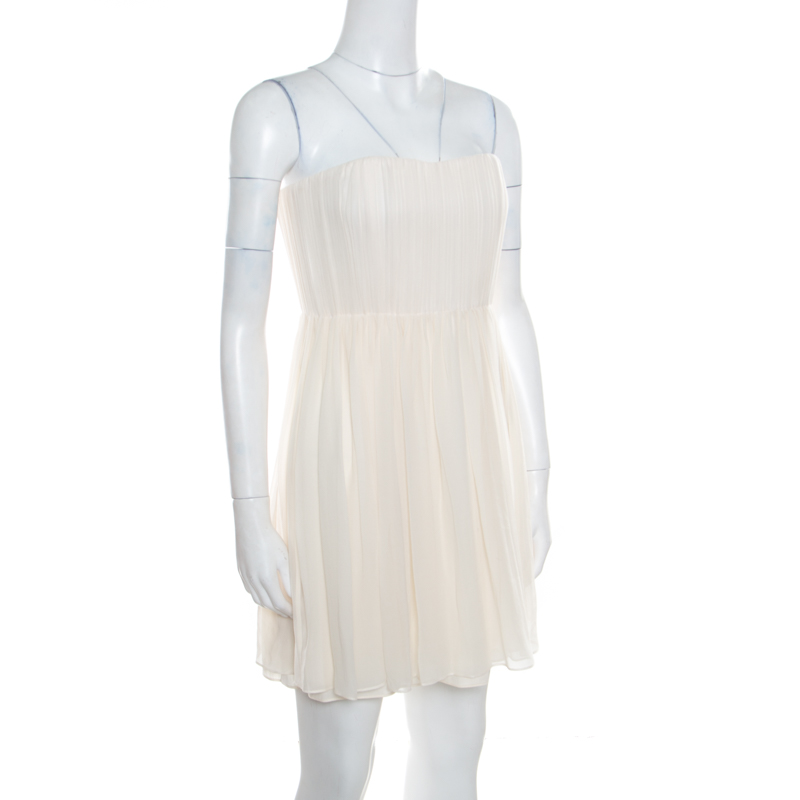 

Alice + Olivia Cream Crepe Silk Pleated Bodice Strapless Skater Dress