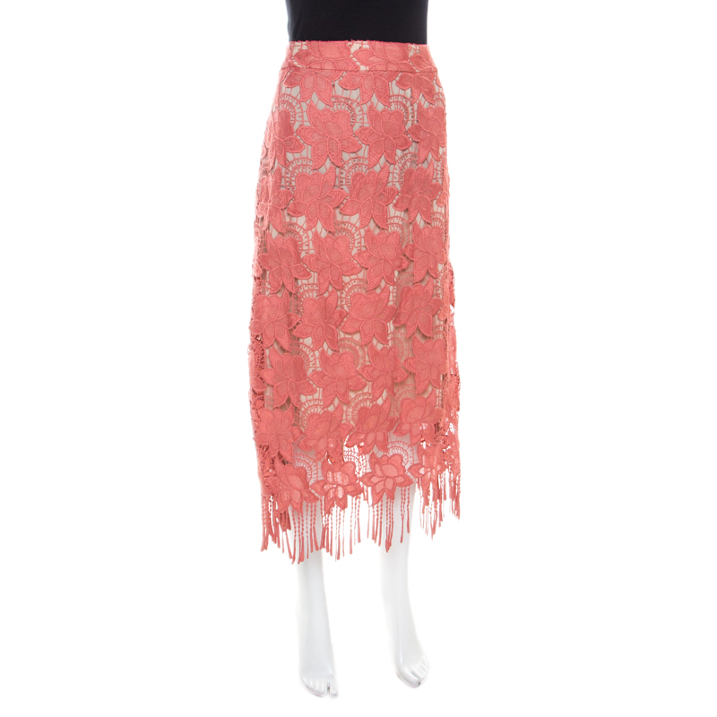 

Alice + Olivia Dusty Rose Floral Cut Out Lace Strand Midi Skirt, Pink