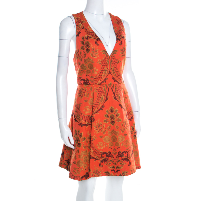 

Alice + Olivia Orange Brocade Racer Back Fit and Flare Mollie Dress