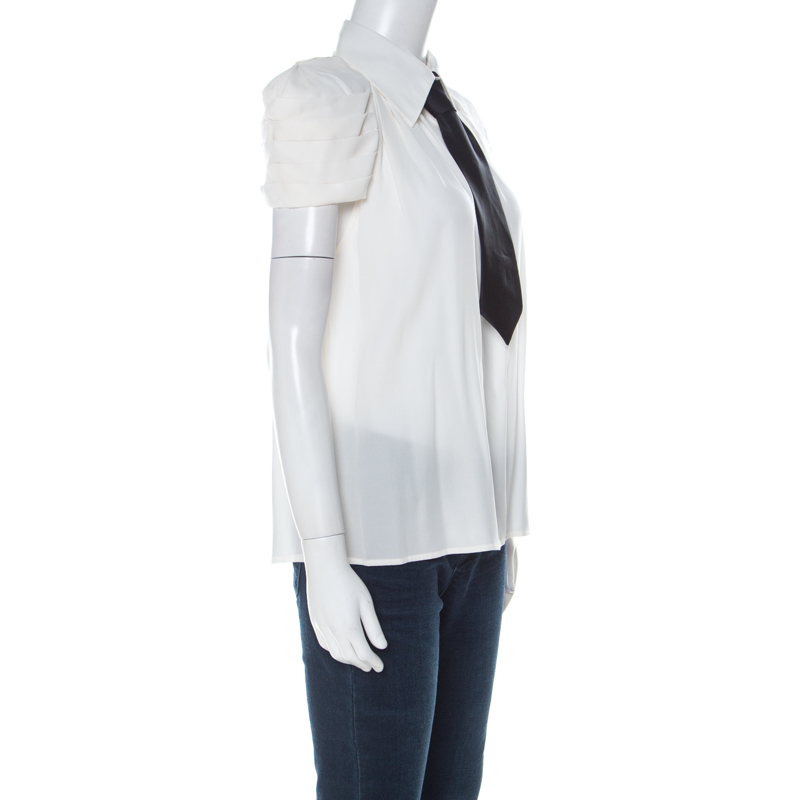 

Alice + Olivia White Silk Pleated Sleeves Black Neck Tie Shirt