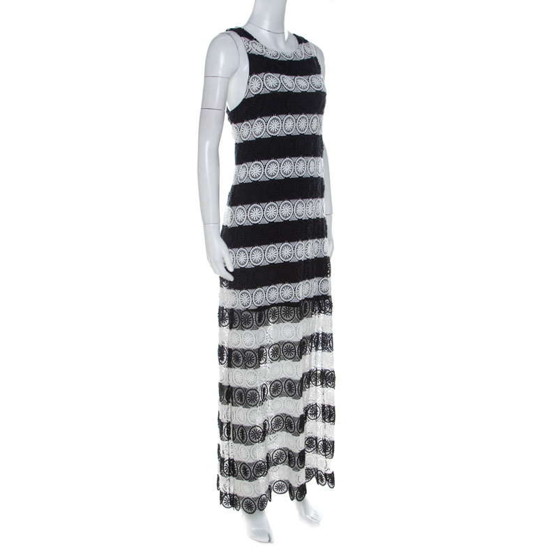 

Alice + Olivia Monochrome Striped Crochet Lace Sleeveless Lucia Maxi Dress, Black