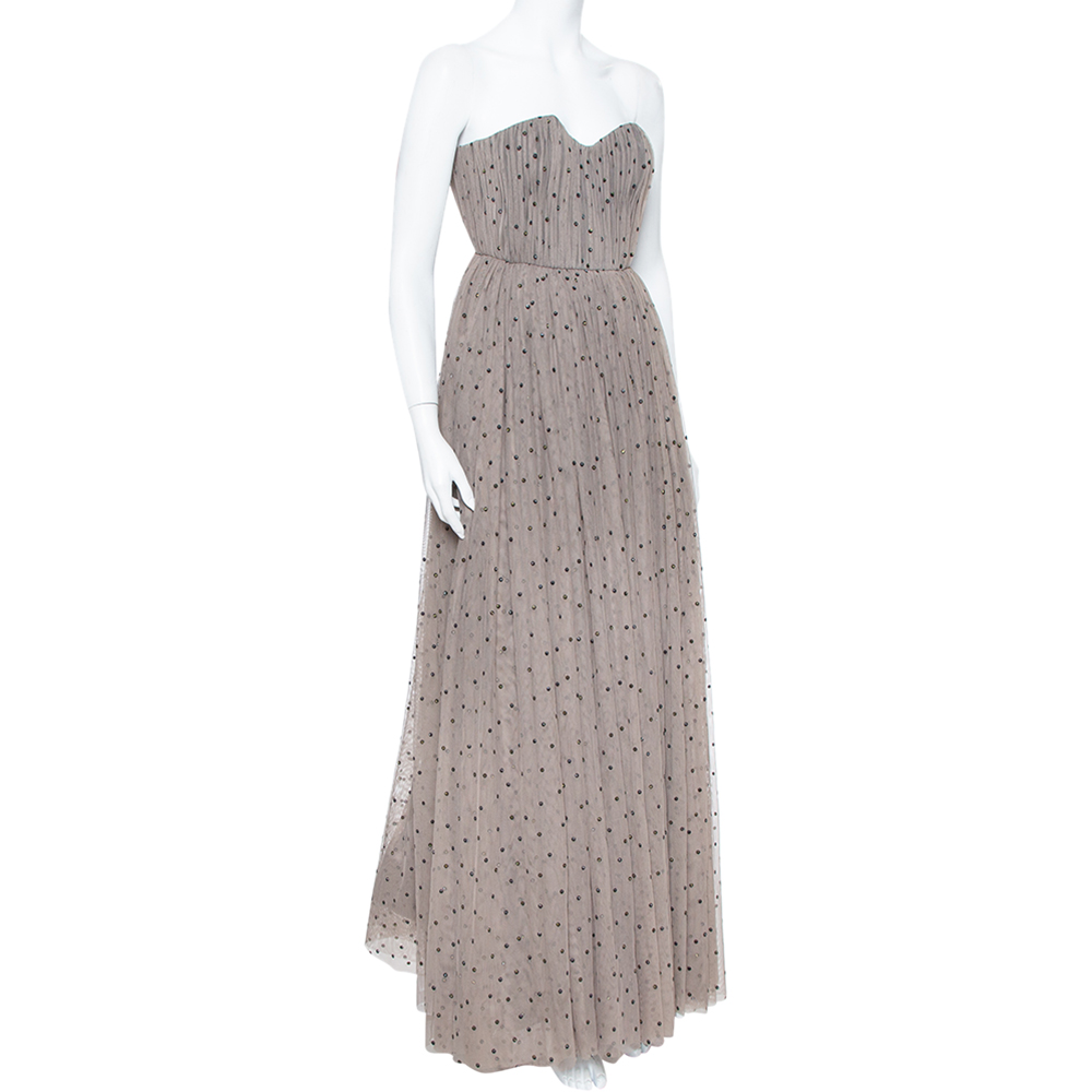 

Alice + Olivia Taupe Embellished Tulle Strapless Evening Gown, Brown