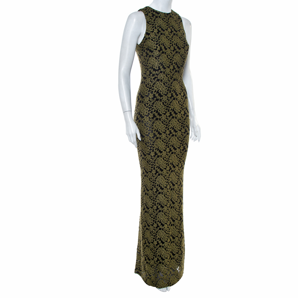 

Alice + Olivia Olive Green Embroidered Tulle Open Back Detail Sleeveless Gown