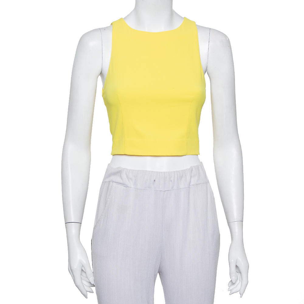 Pre-owned Alice And Olivia Yellow Crepe Lace Trim Detail Sleeveless Poppy Crop Top Xs