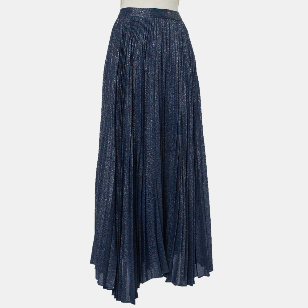 

Alice + Olivia Navy Blue Silk Jacquard Pleated Katz Maxi Skirt