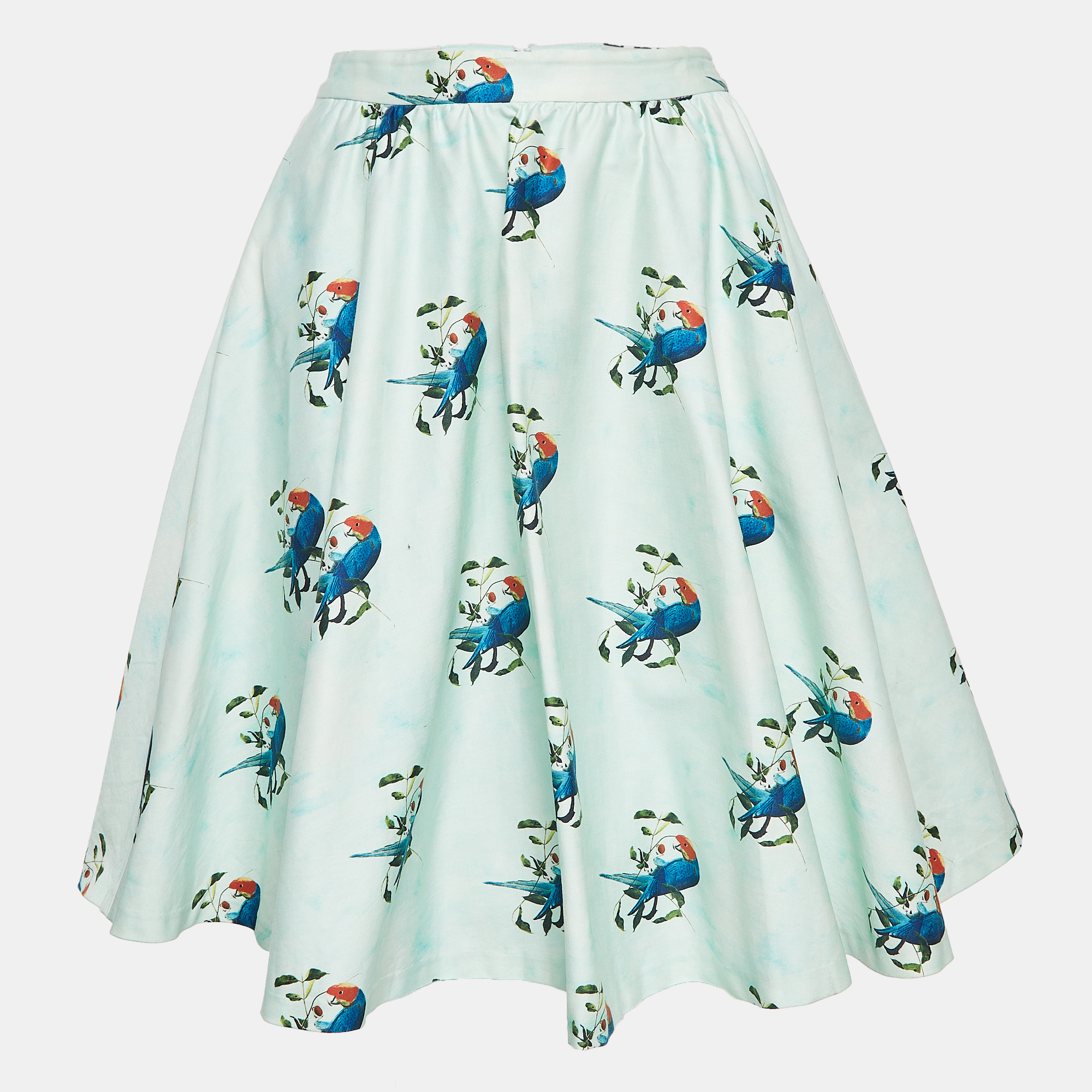 Pre-owned Alice And Olivia Mint Green Parrots In Paradise Print Cotton Midi Skirt S