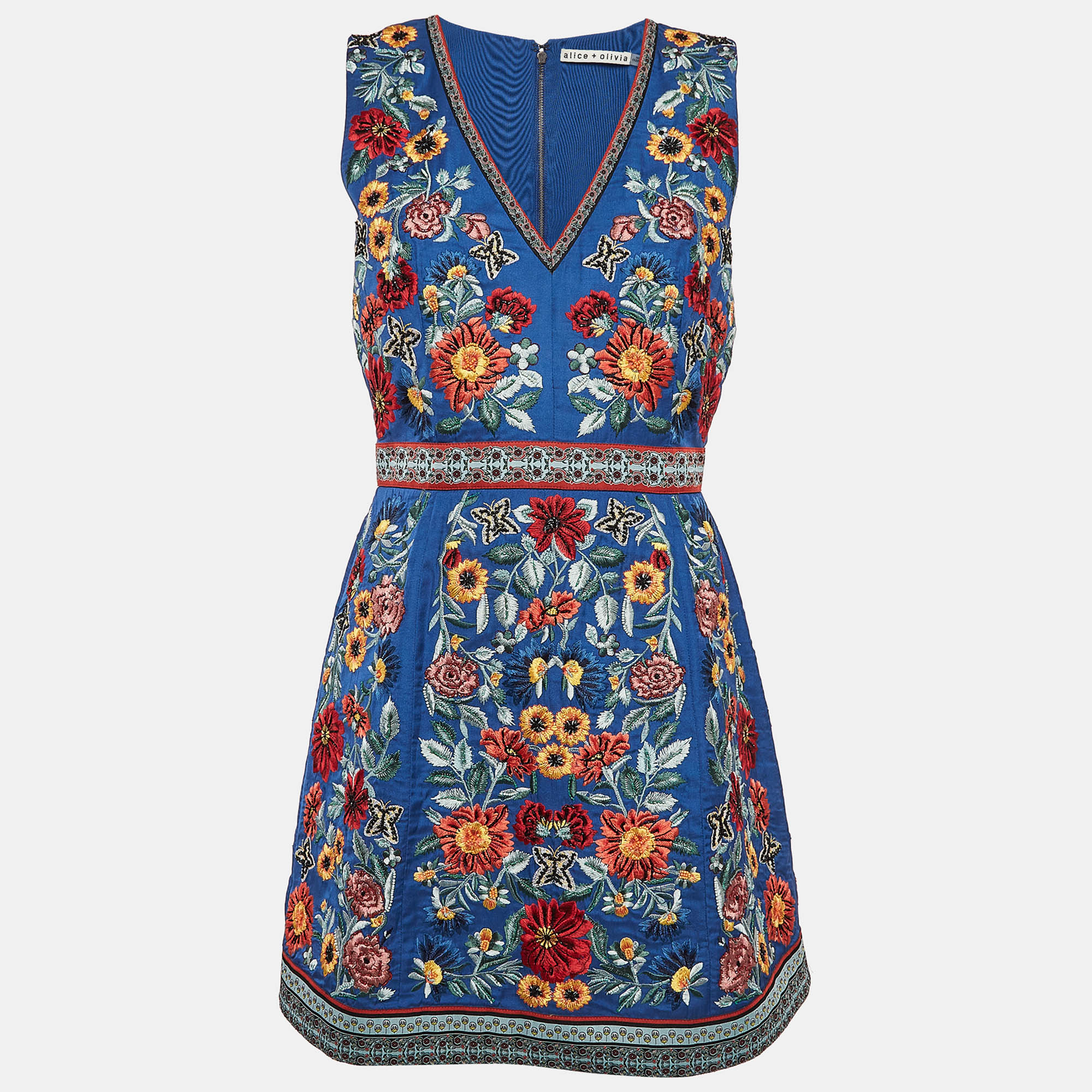 

Alice + Olivia Blue Floral Beaded Embroidery Crepe Mini Dress M