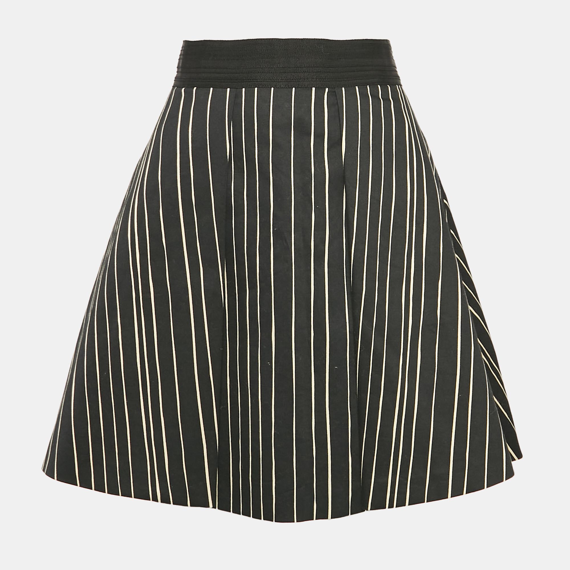 Pre-owned Alice And Olivia Black Stripe Cotton Pleated Mini Skirt M