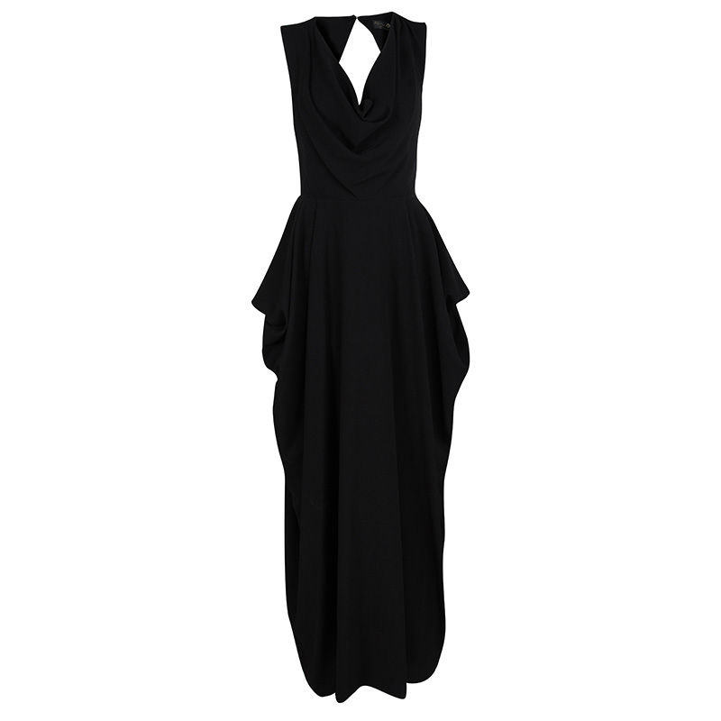 Alice + Olivia Black Cowl Neck Cutout Back Detail Draped Maxi Dress S