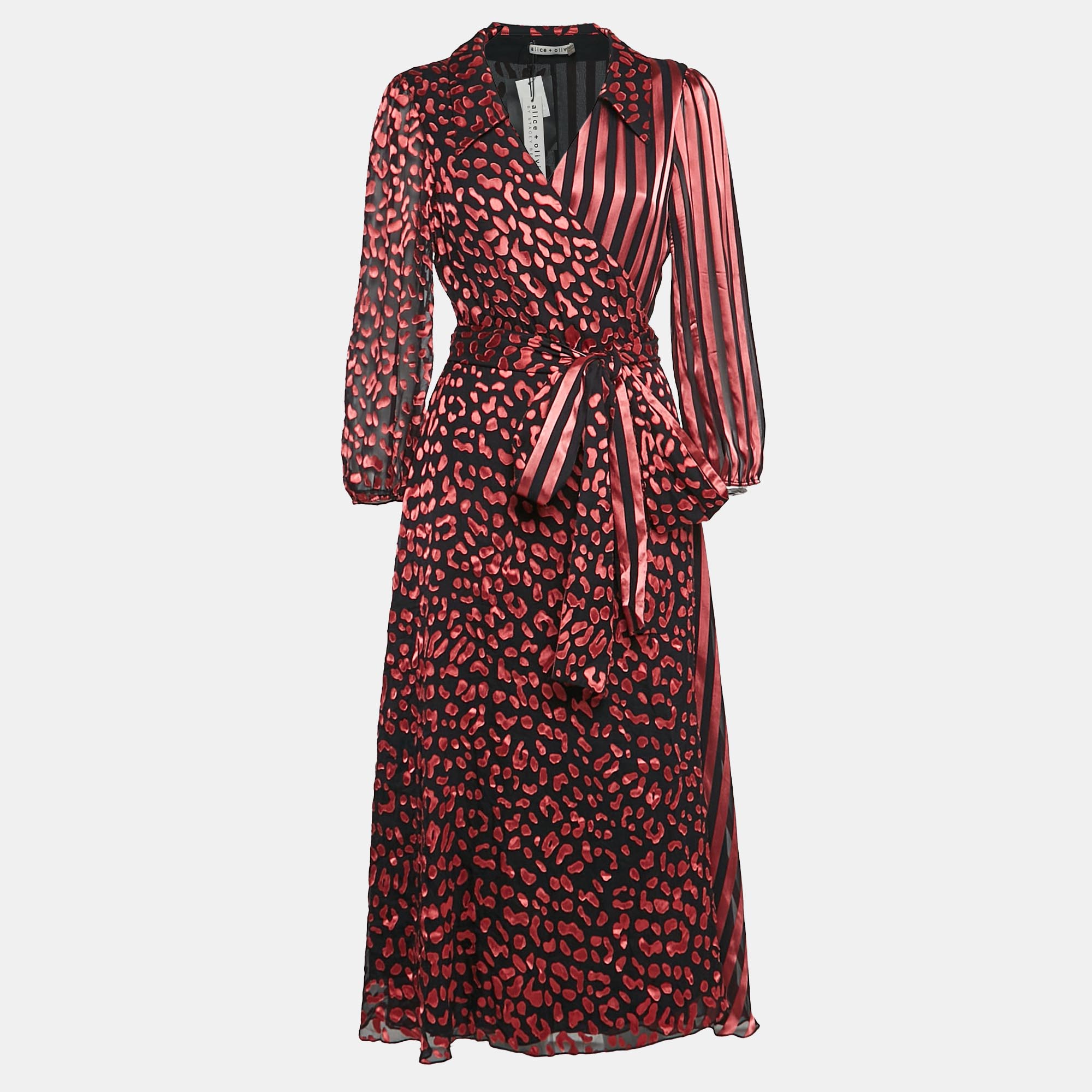 

Alice + Olivia Black/Pink Leopard Fil-coupe and Striped Silk Blend Midi Wrap Dress L