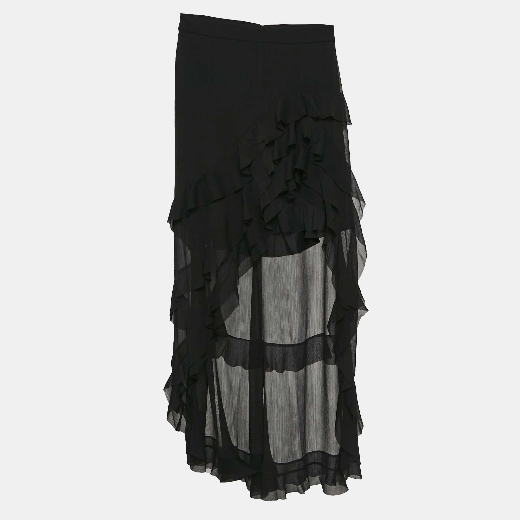 

Alice + Olivia Black Crepe Ruffled Asymmetric Skirt S