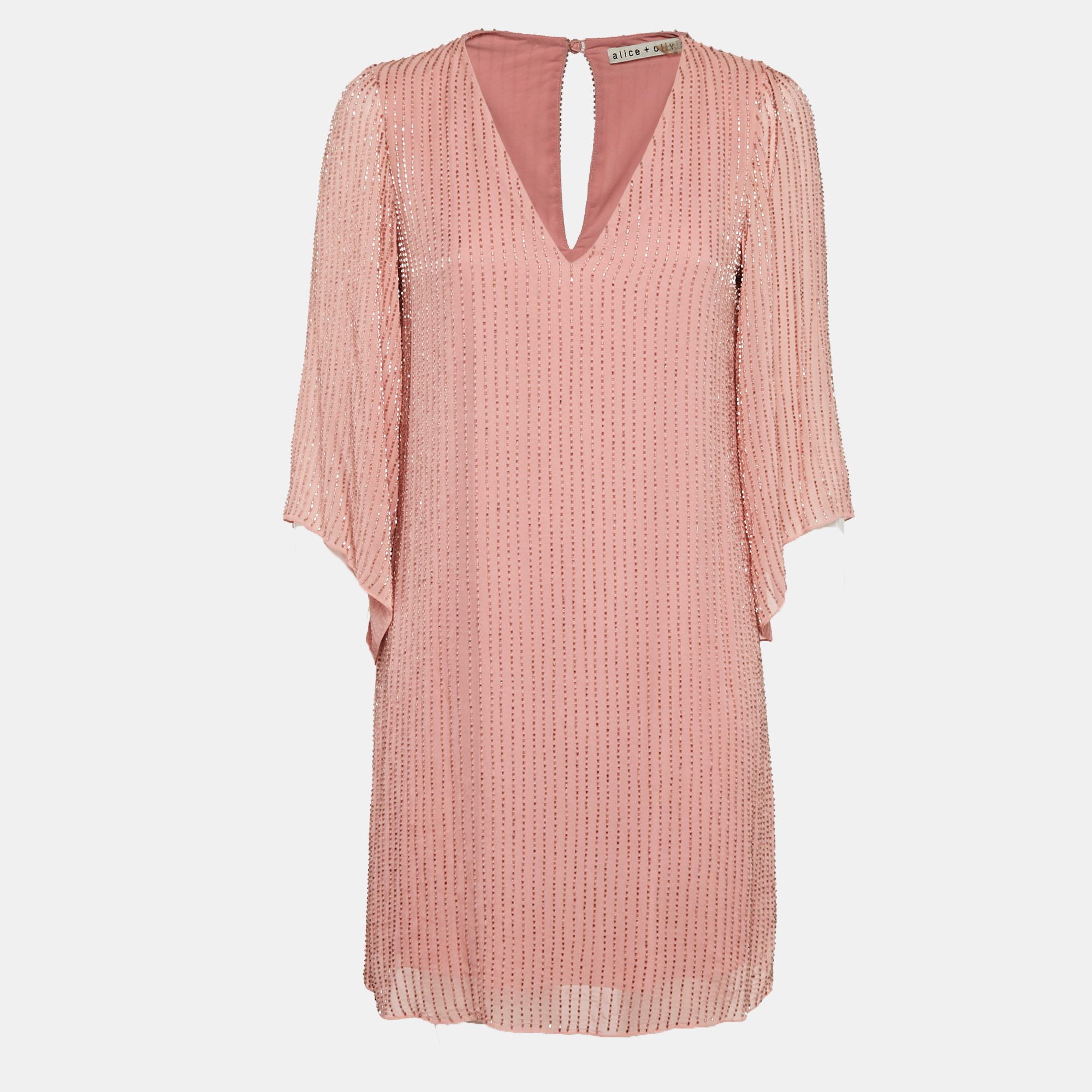 

Alice + Olivia Pink Embellished Crepe V-Neck Mini Dress S