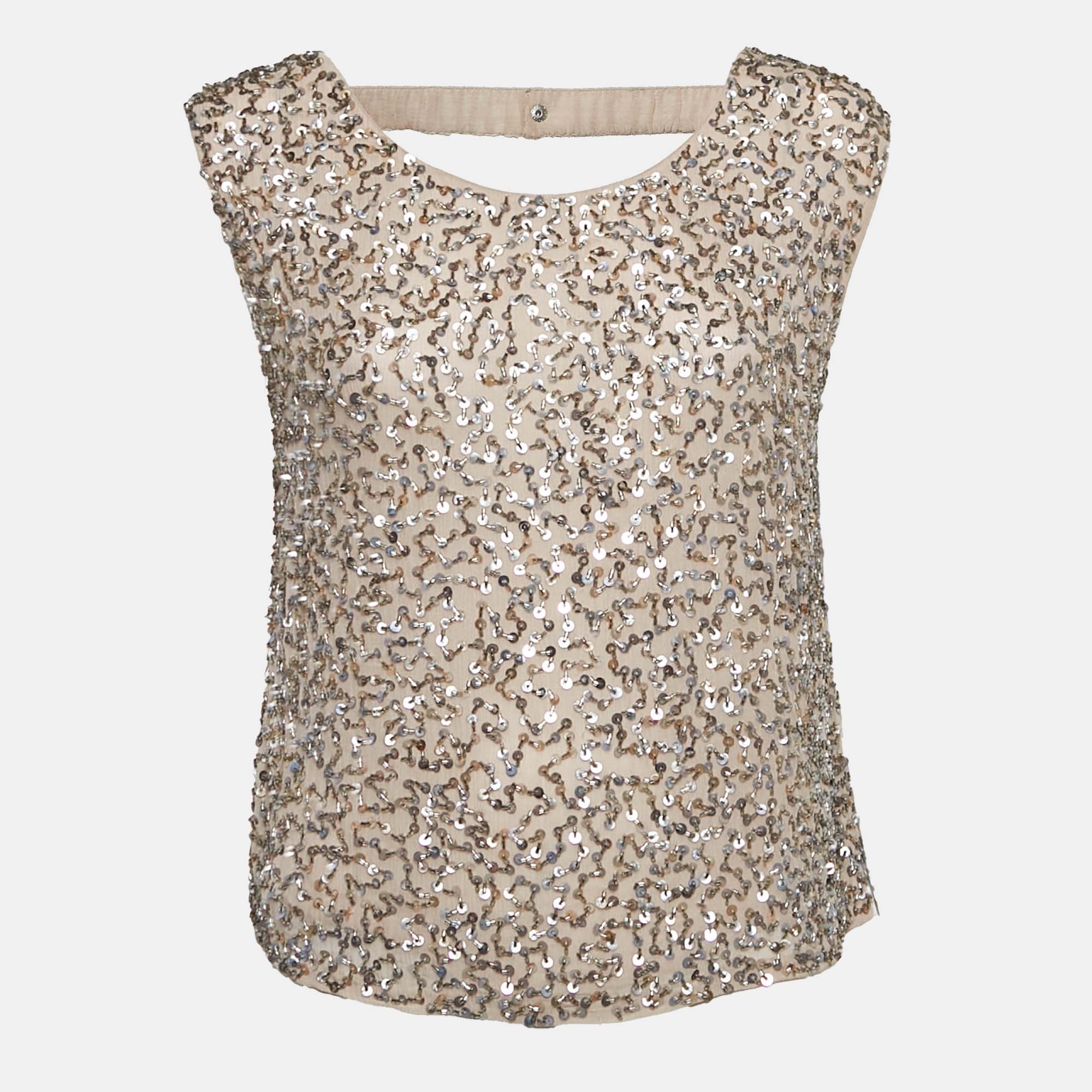 

Alice + Olivia Beige Sequin and Beads Embellished Chiffon Sleeveless Top M