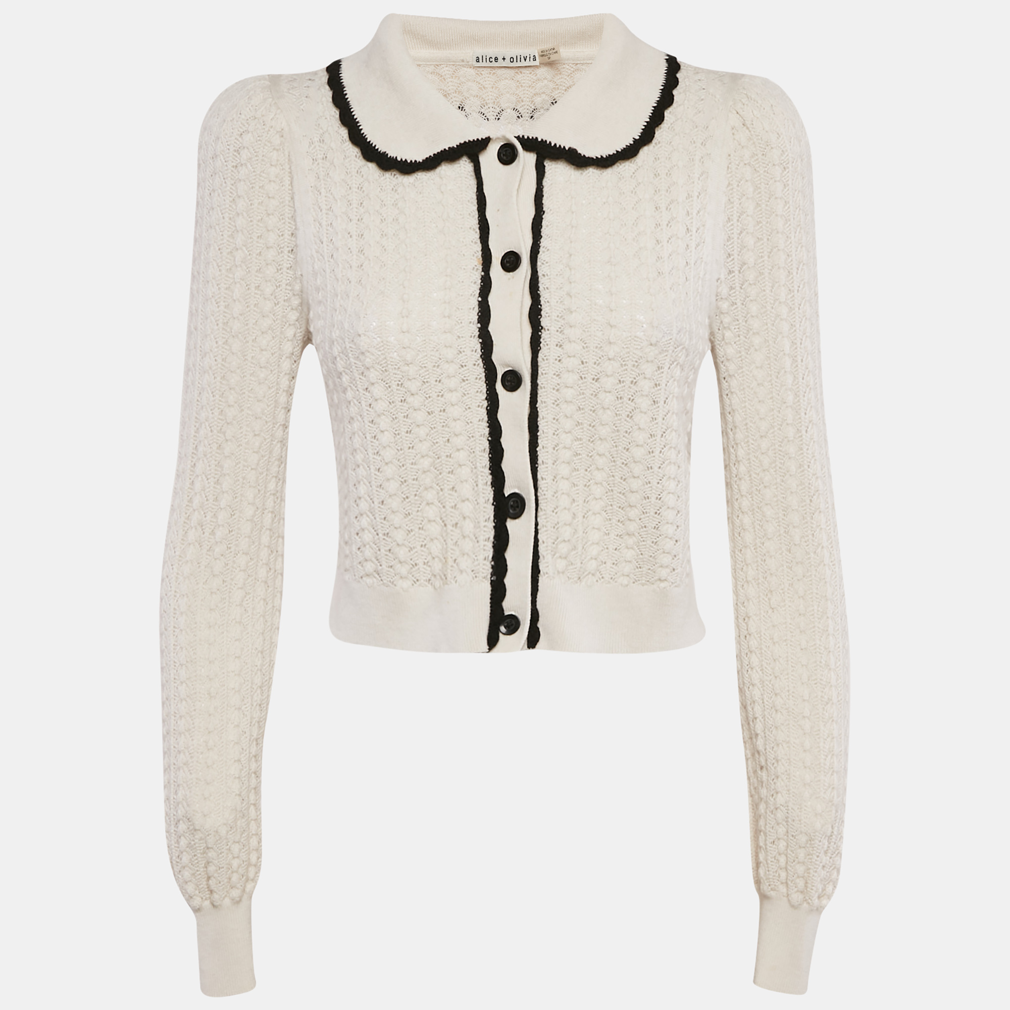 

Alice + Olivia Ivory Wool Crochet Knit Goldie Button Front Cardigan S, Cream