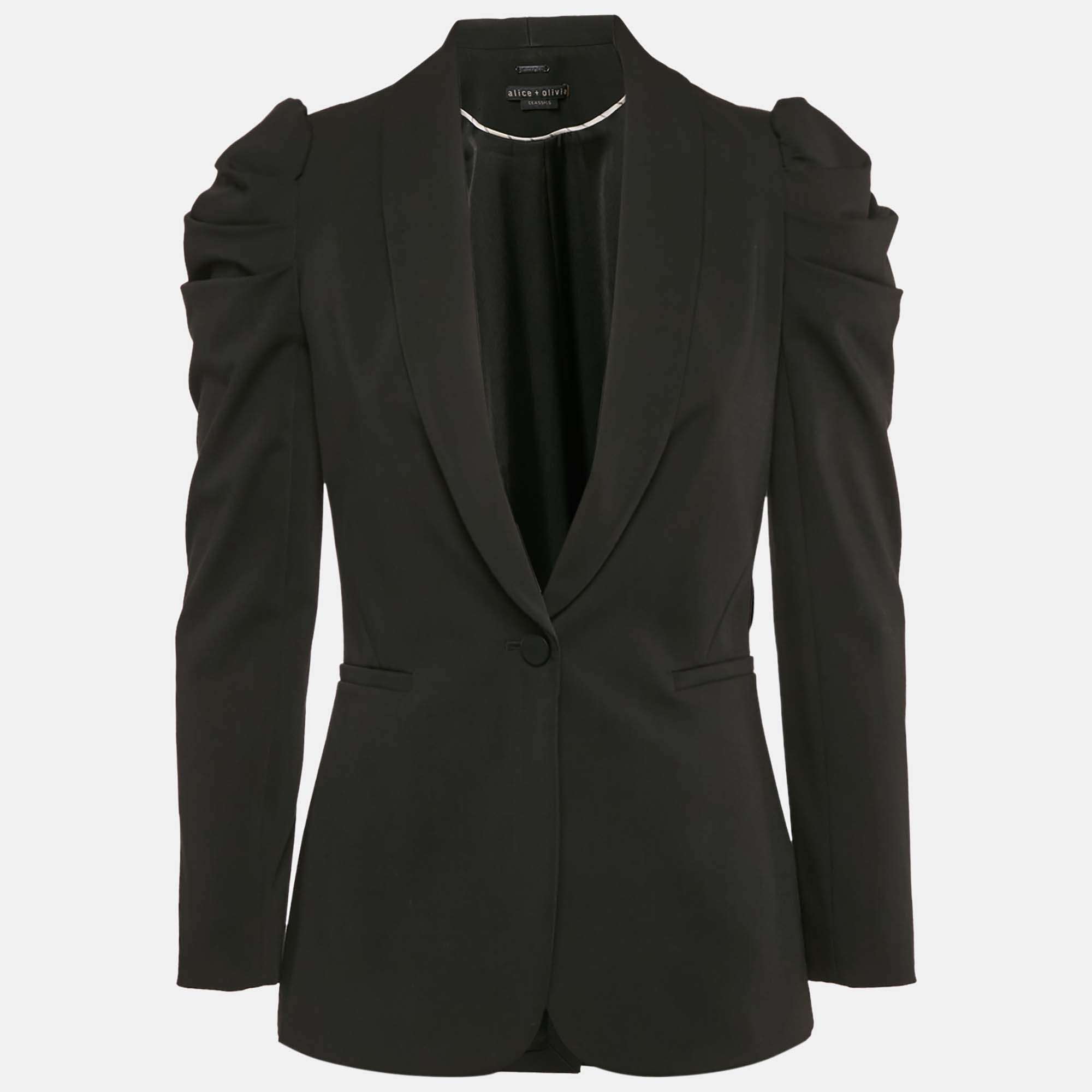 

Alice + Olivia Black Crepe Puff Sleeve Single Breasted Blazer M