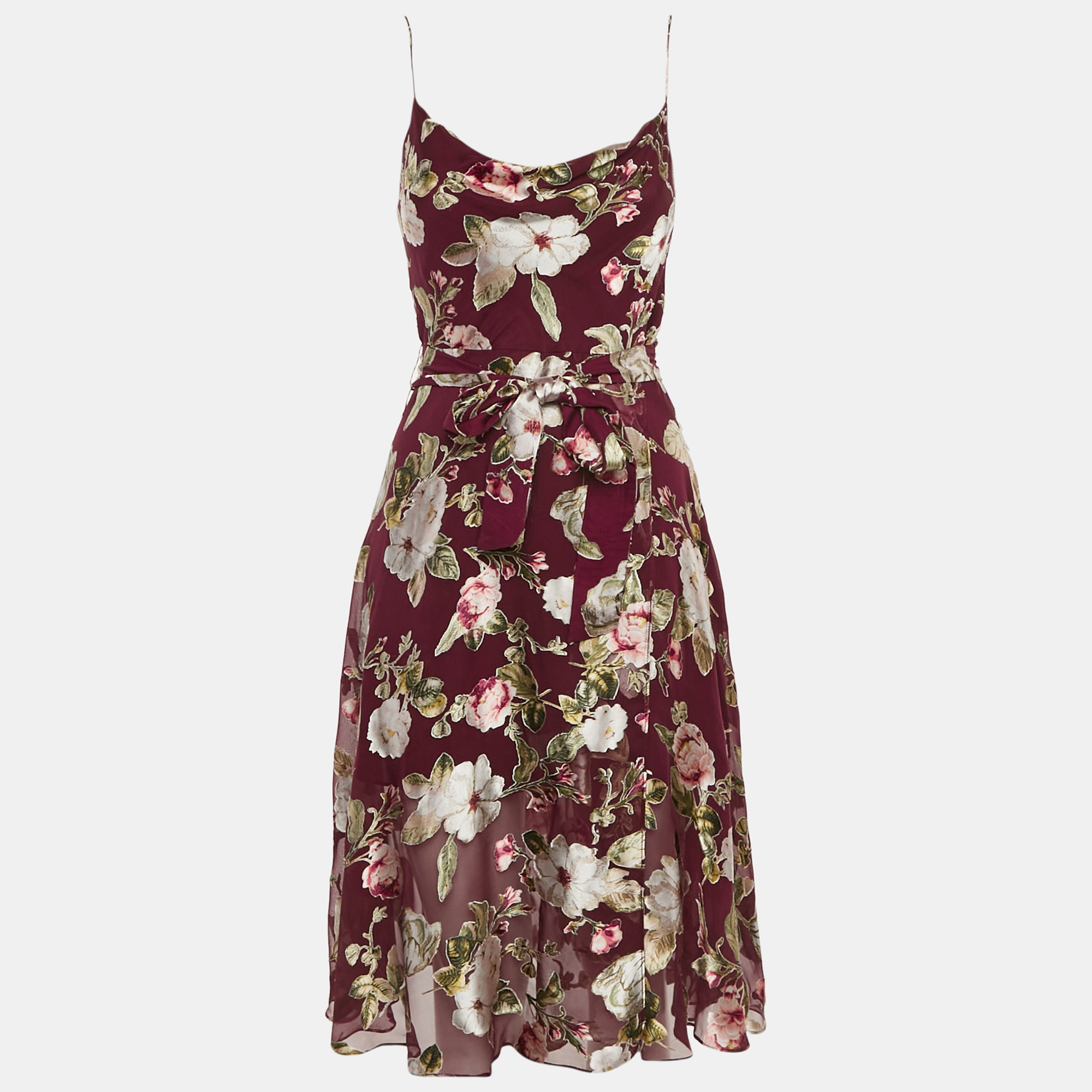 

Alice + Olivia Burgundy Floral Fil-coupe Silk Blend Midi Dress XS