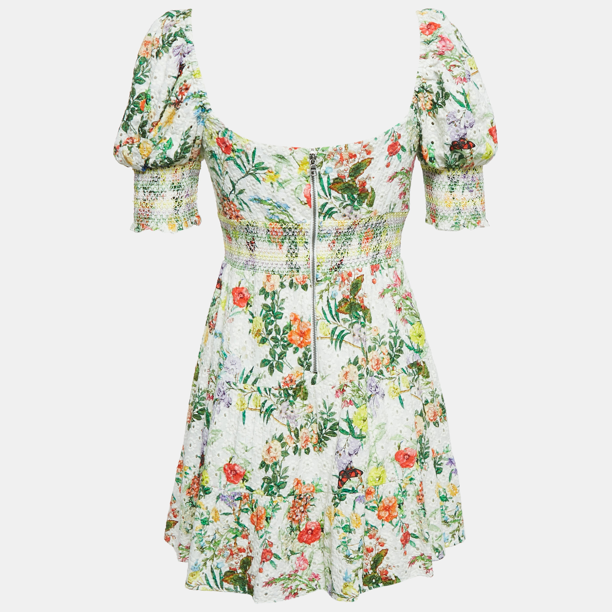 Alice + Olivia Multicolor Schiffli Smoked Flounce Mini Dress S 