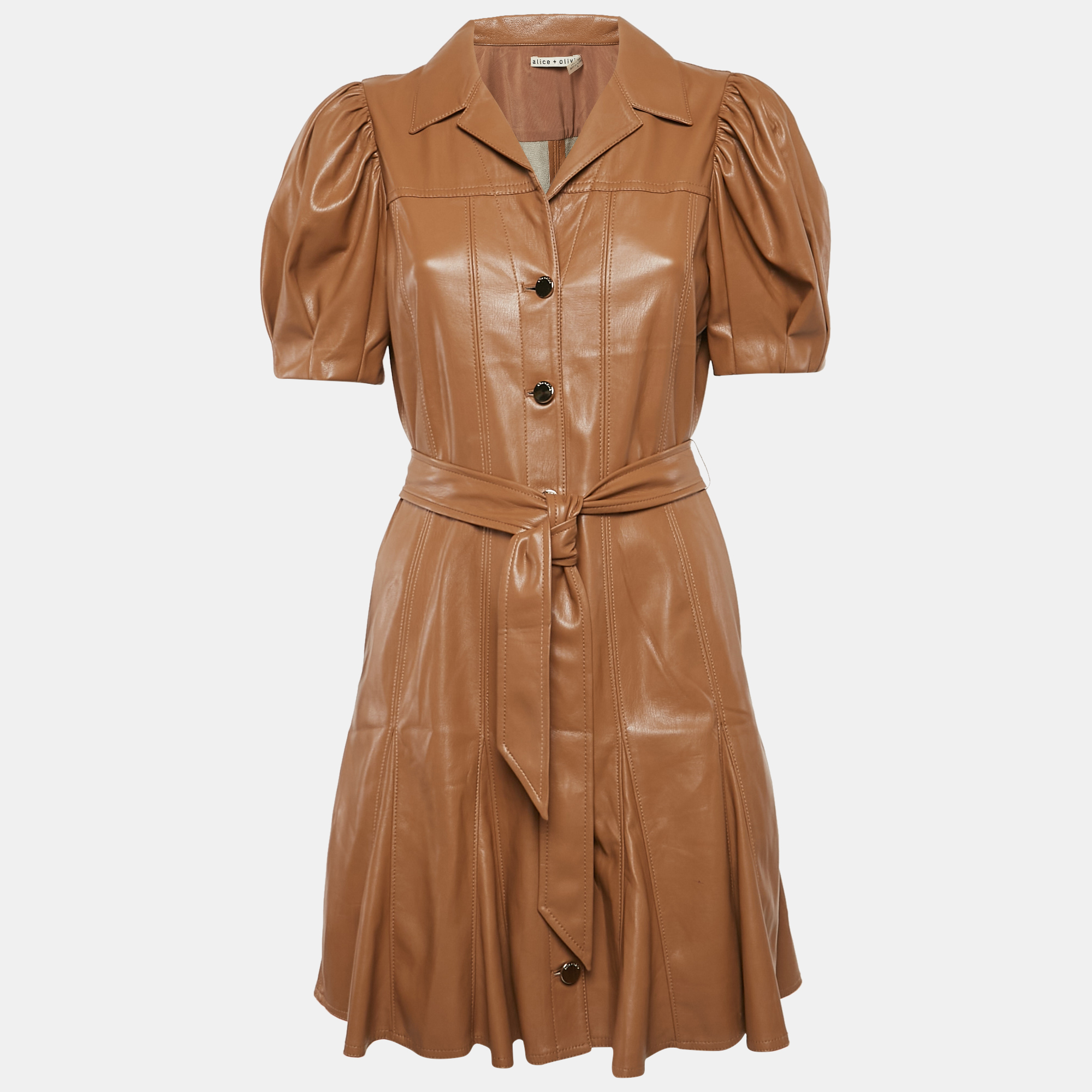 

Alice + Olivia Brown Faux Leather Button Front Belted Mini Dress M