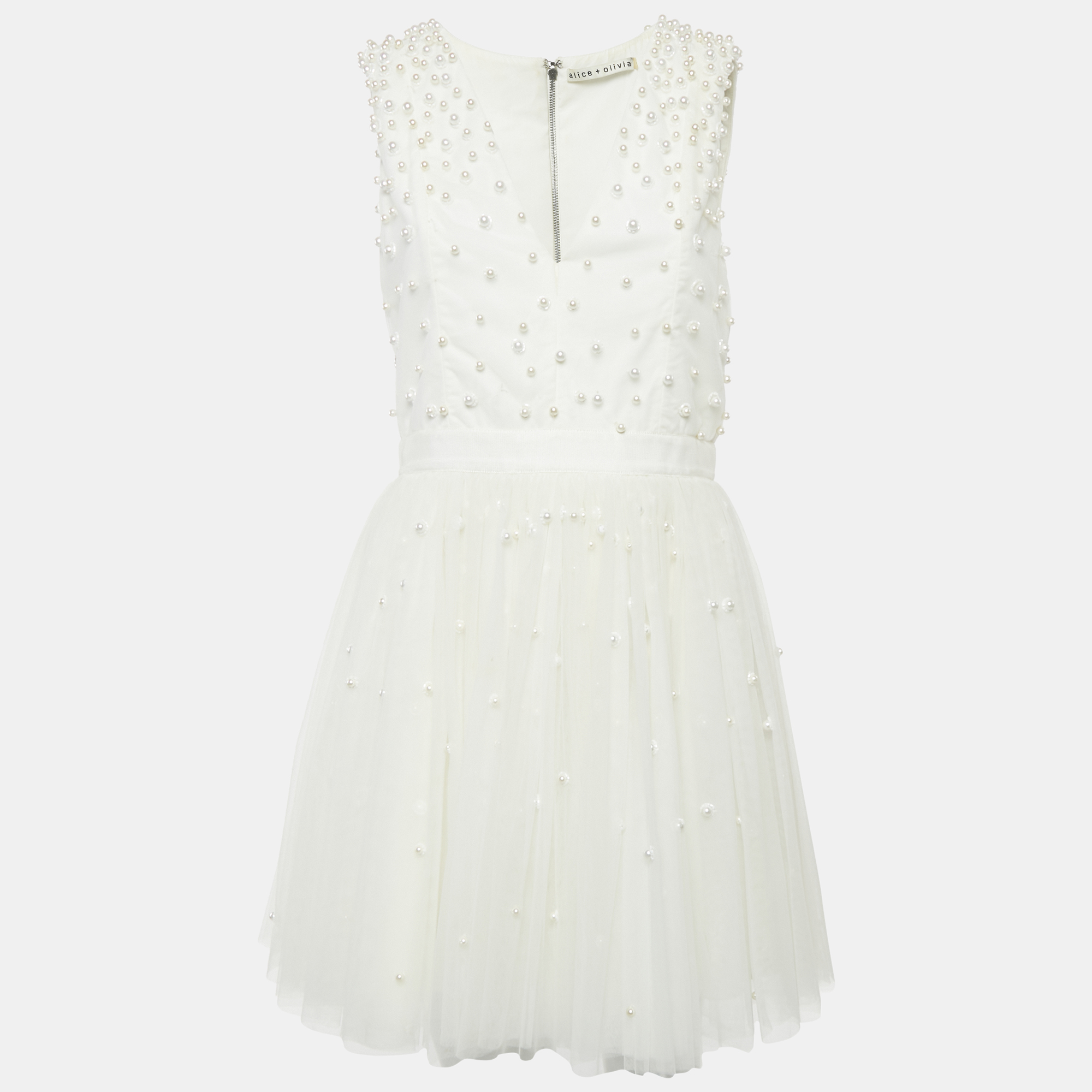 

Alice + Olivia White Beads Embroidered Tulle Flared Mini Dress L