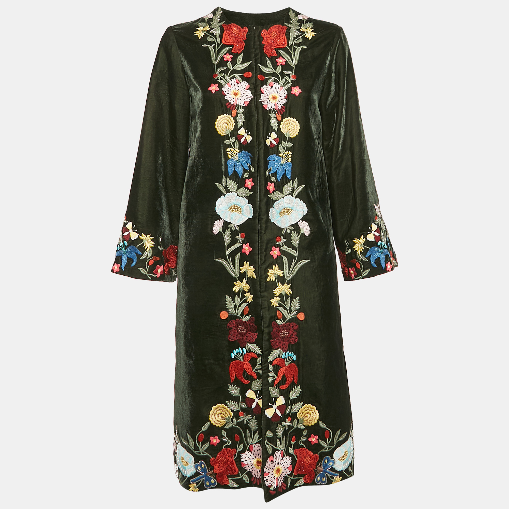 

Alice + Olivia Green Floral Embroidered Velvet Mid-Length Coat M