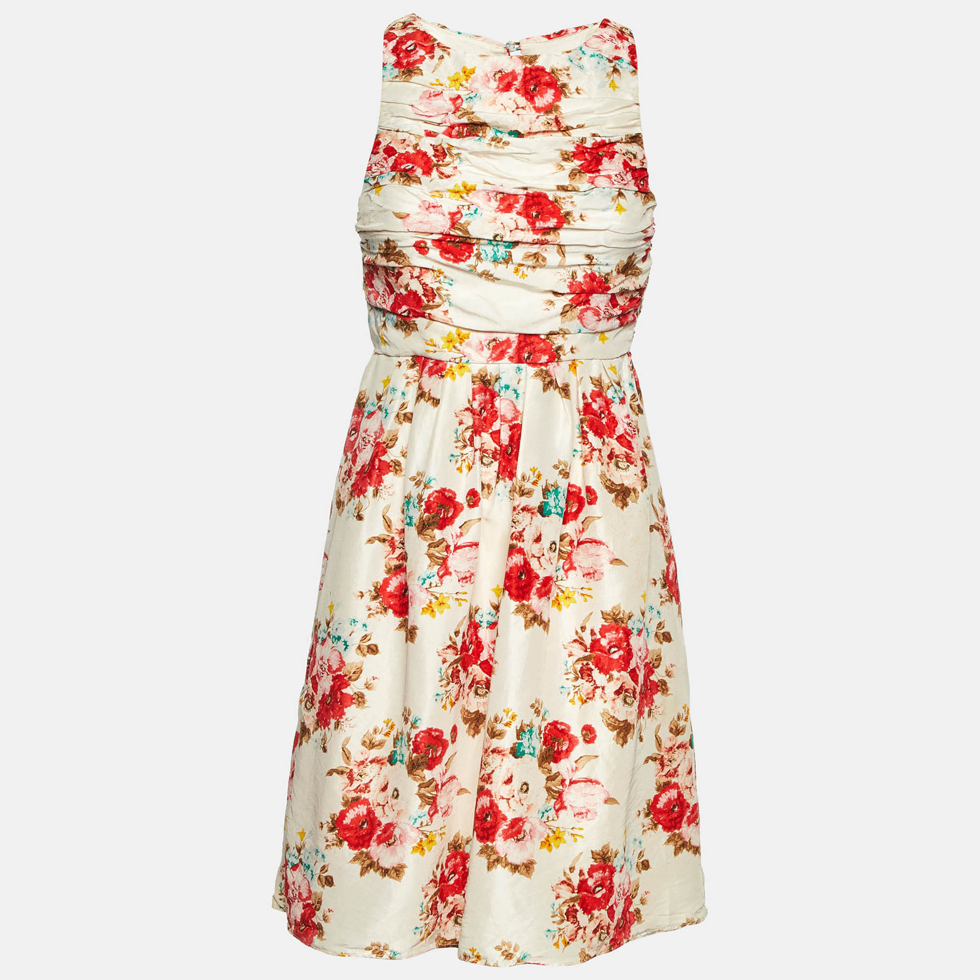 

Alice + Olivia White Floral Print Crepe Pleated Sleeveless Mini Dress S