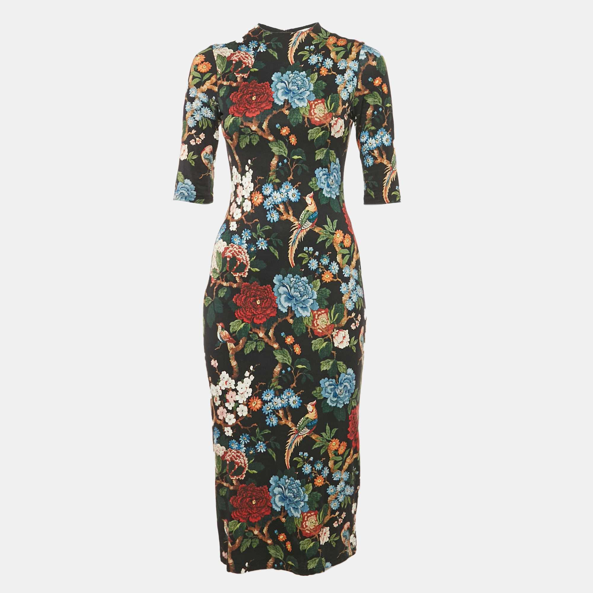 

Alice + Olivia Black Floral Print Jersey Midi Dress S