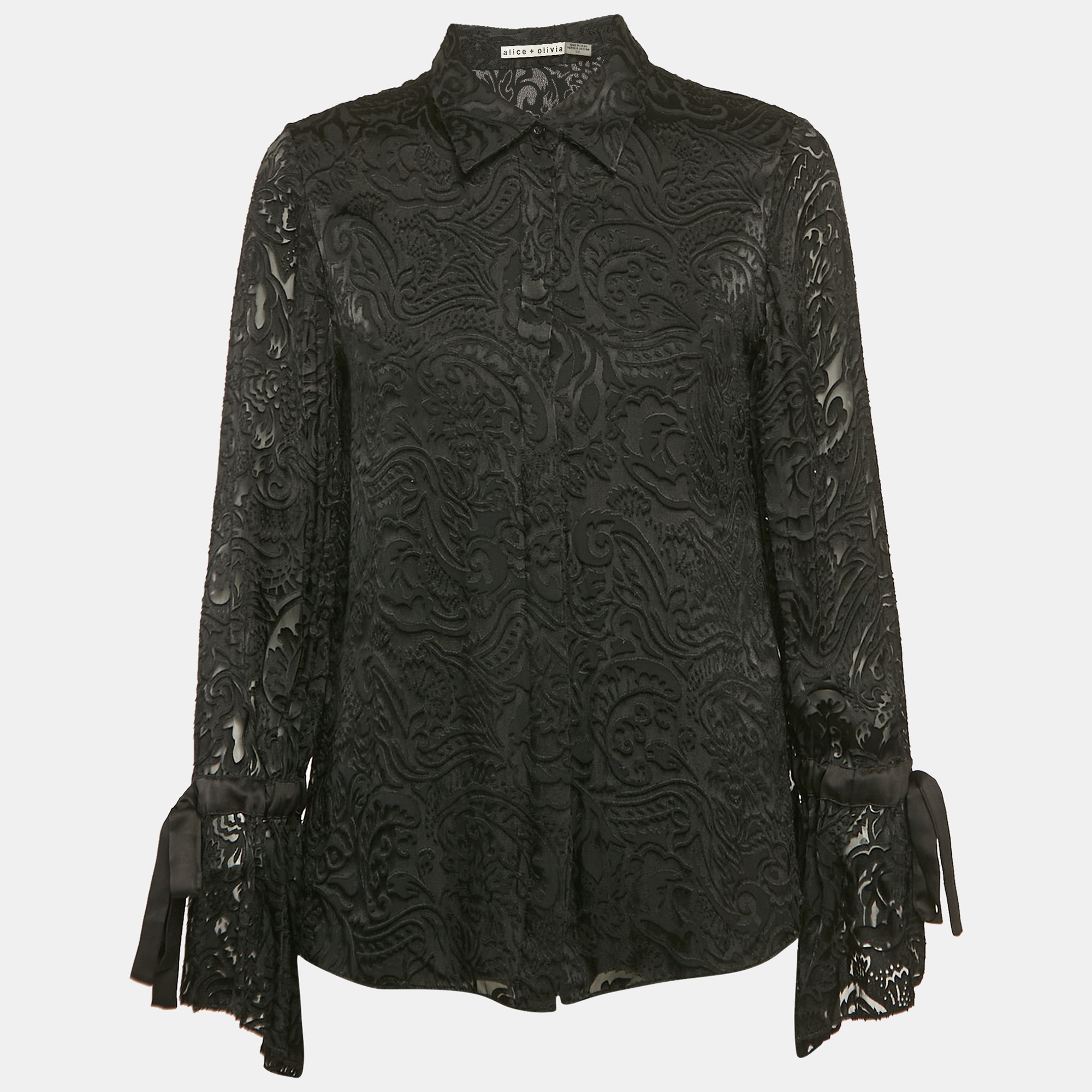 

Alice + Olivia Black Fil-coupe Satin Button Front Shirt L