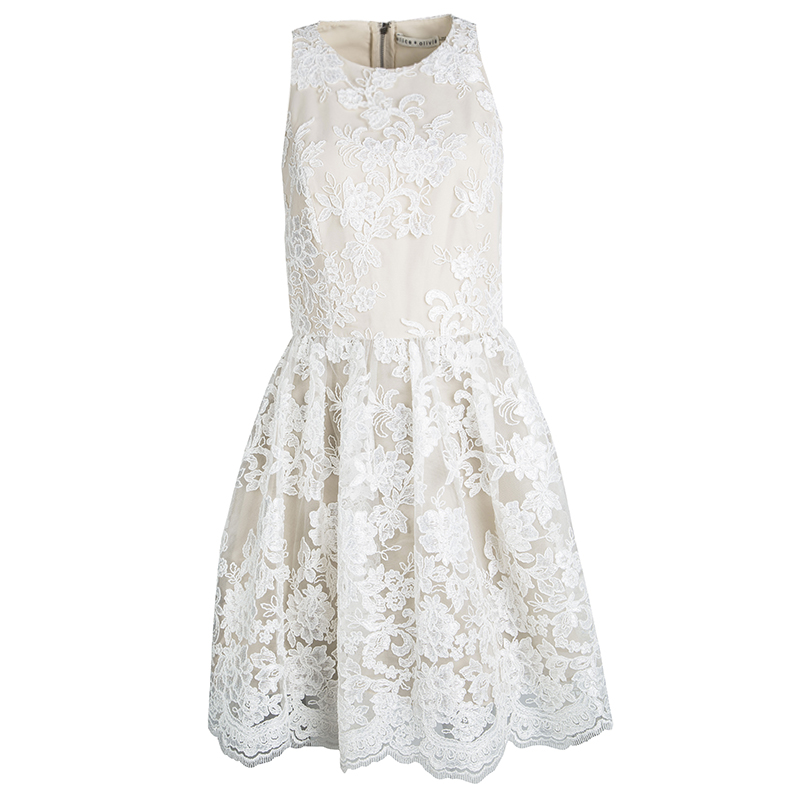 Pre Owned Alice + Olivia Beige Embroidered Lace Fit and Flare Ladonna Dress S