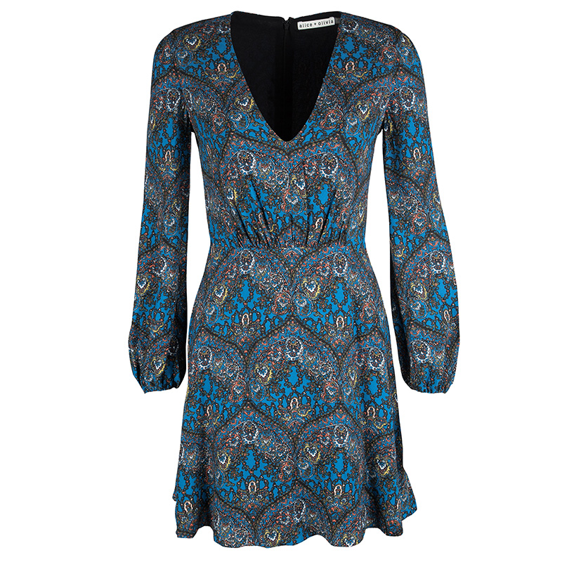 Pre Owned Alice + Olivia Blue Gothic Print V-Neck Flared Dress XS