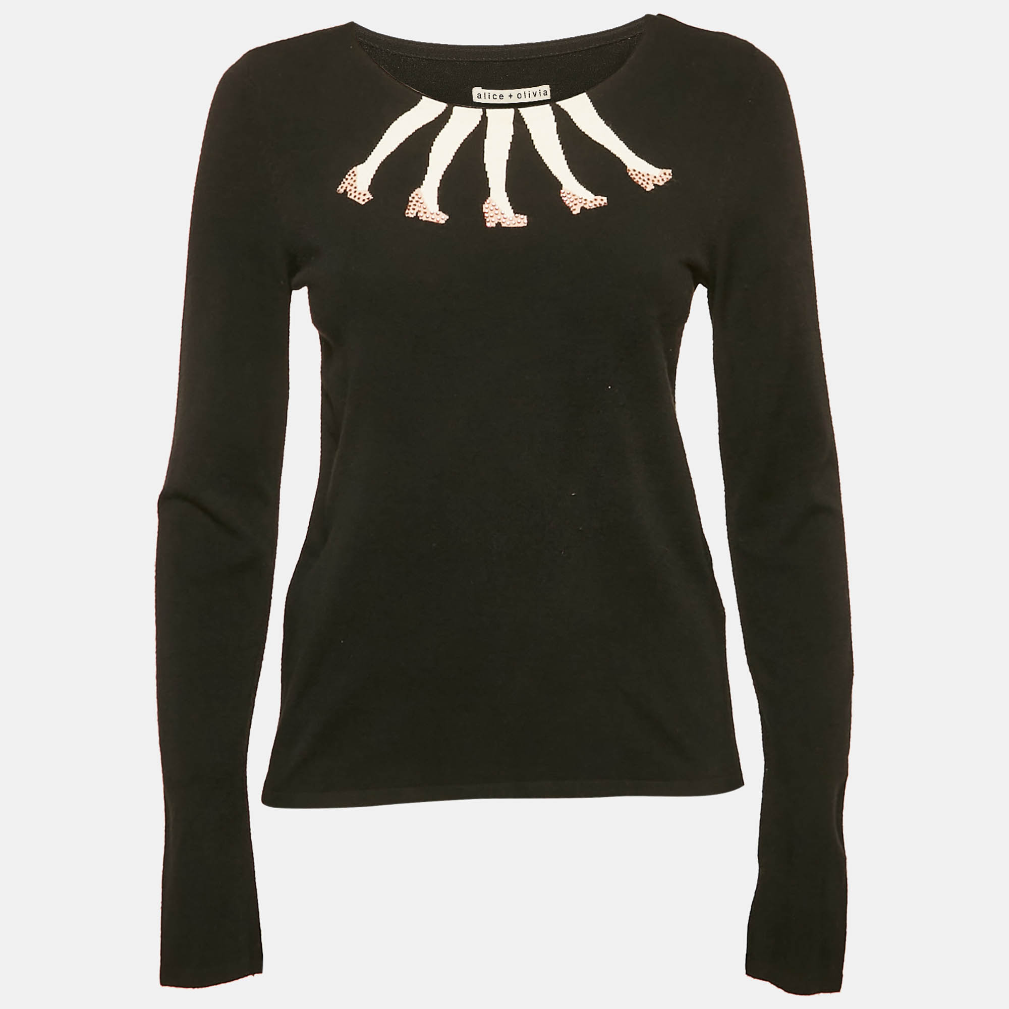 

Alice + Olivia Black Intarsia Legs Jersey Long Sleeve Sweater M