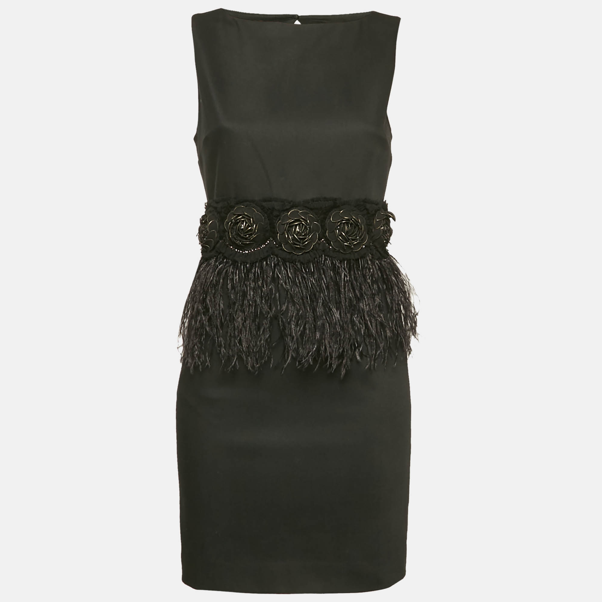

Alice + Olivia Black Feather Trim Crepe Marigay Rosette Peplum Dress S