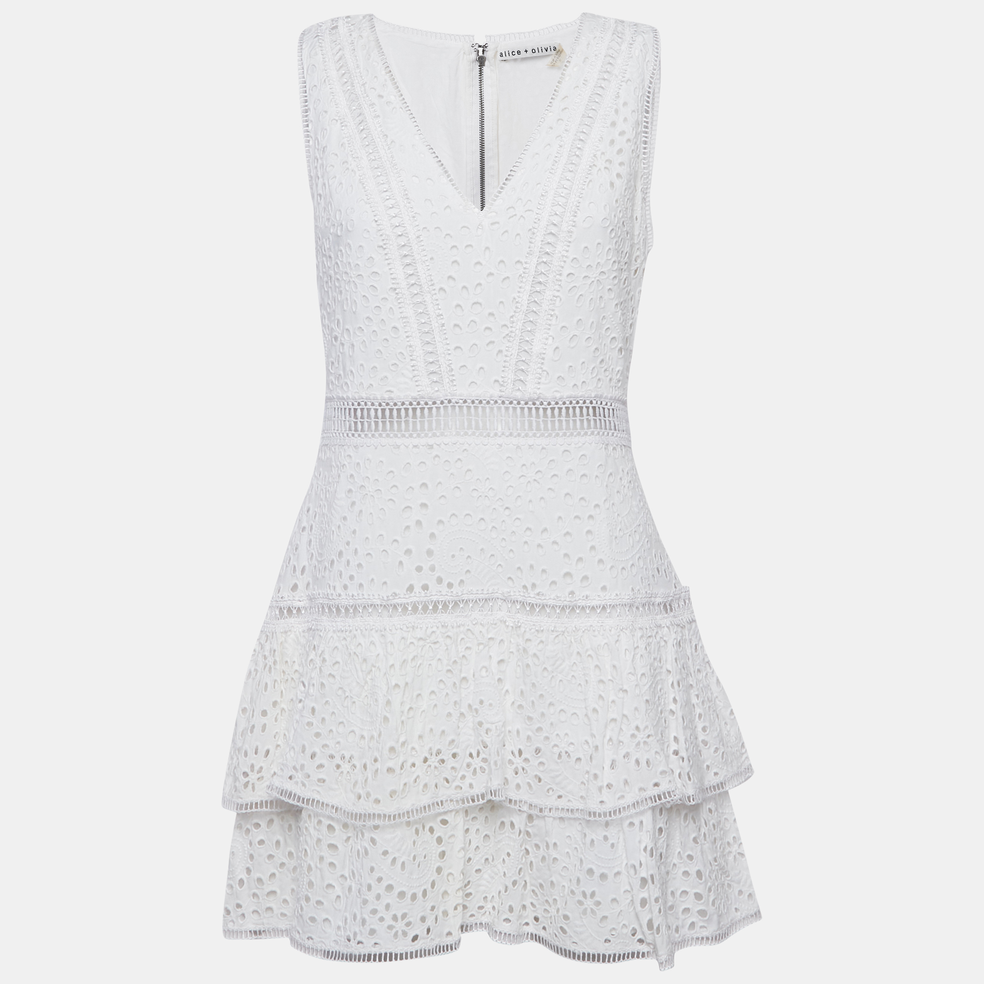

Alice + Olivia White Broderie Anglaise Modal Tiered Mini Dress L