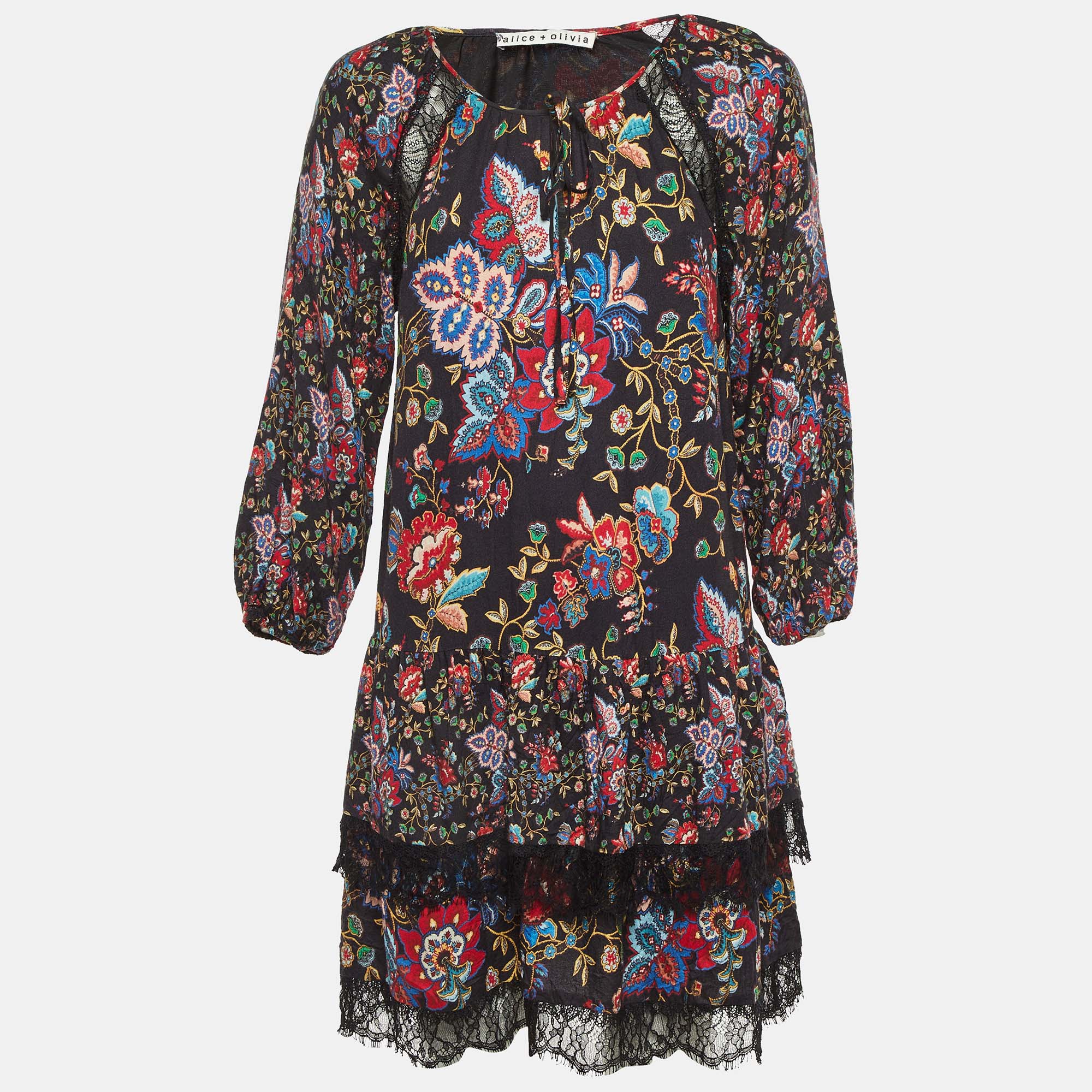 

Alice + Olivia Black Floral Print Crepe & Lace Tiered Dress M