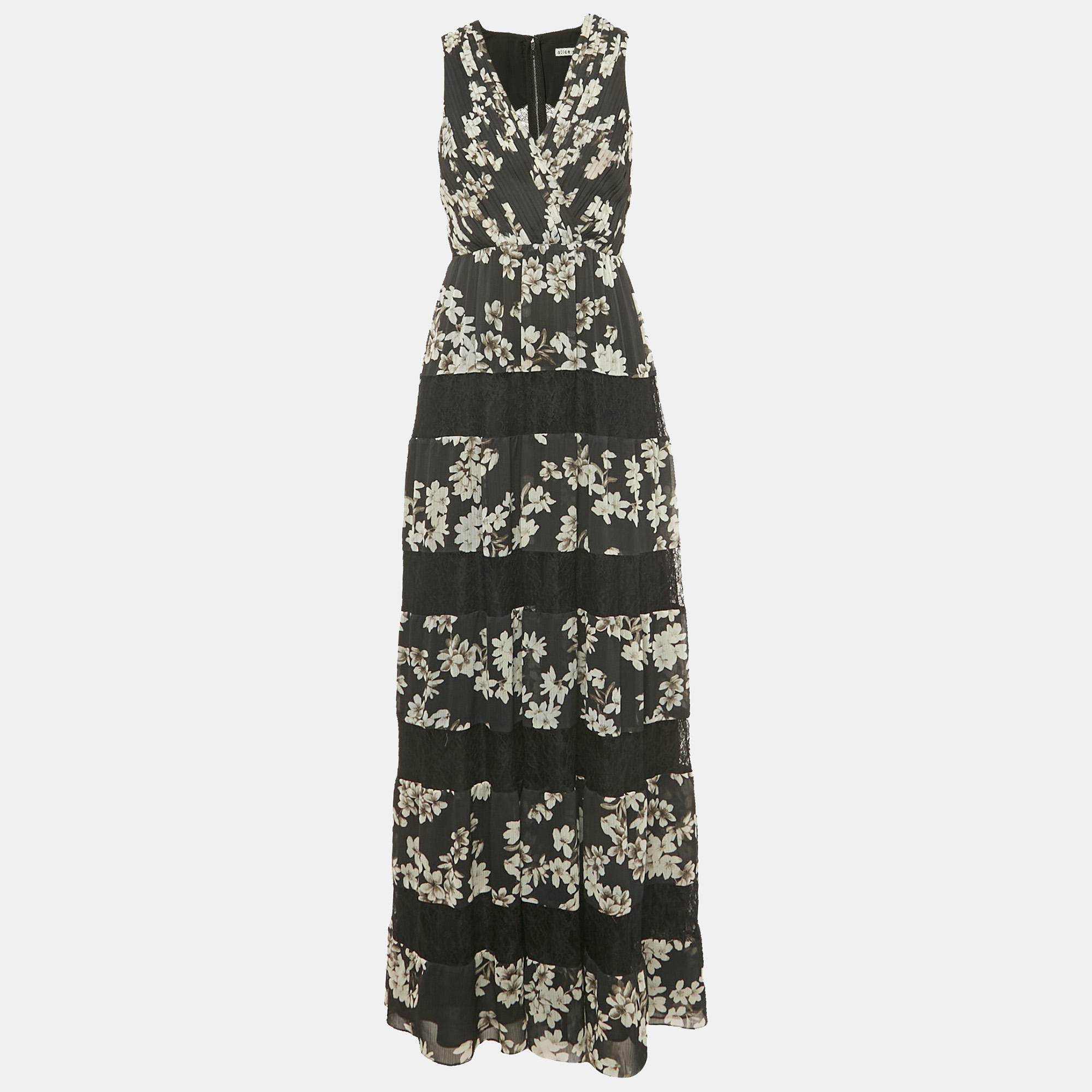 

Alice + Olivia Black Floral Print Crepe Lace Detail Tiered Maxi Dress S
