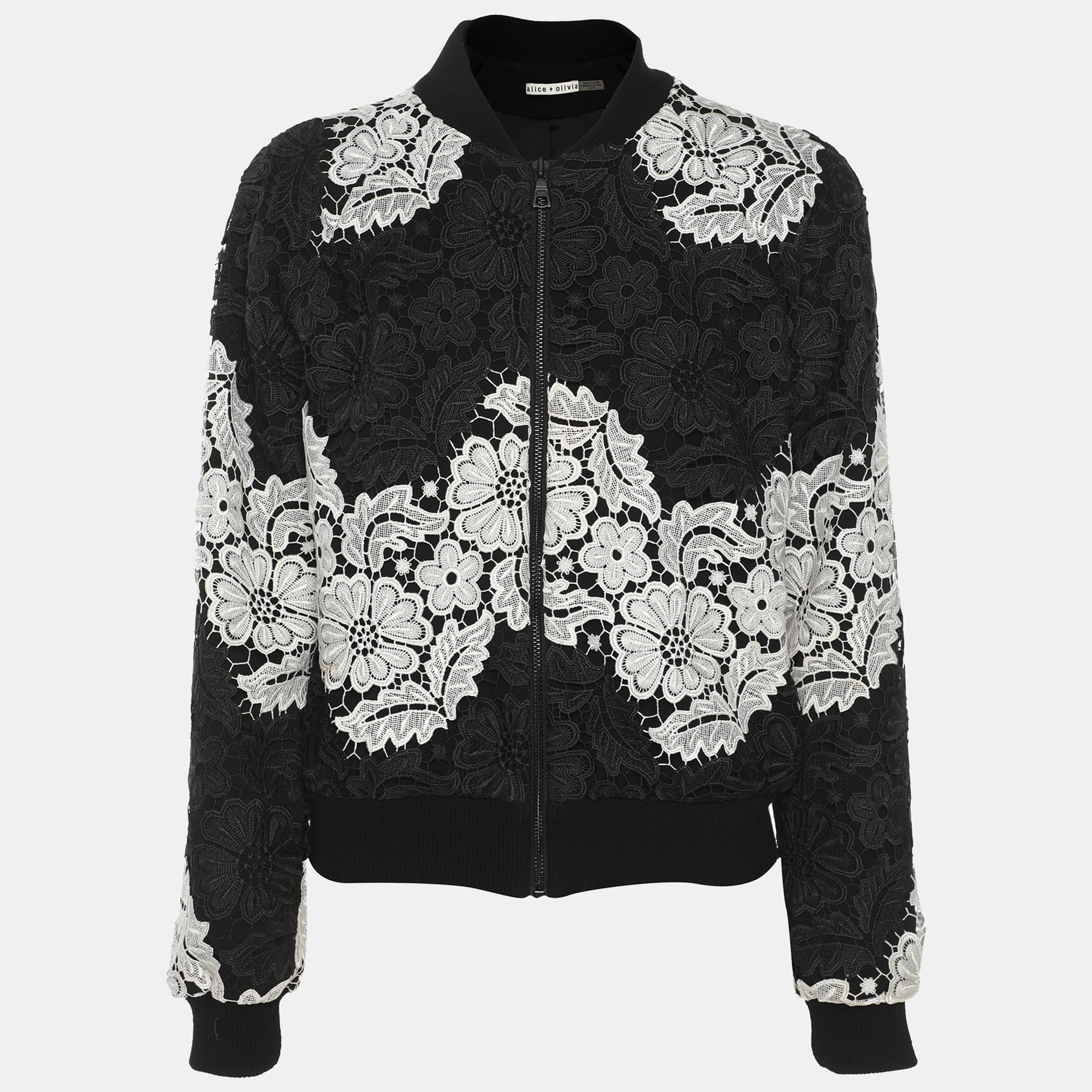 

Alice + Olivia Black/White Floral Lace Bomber Jacket