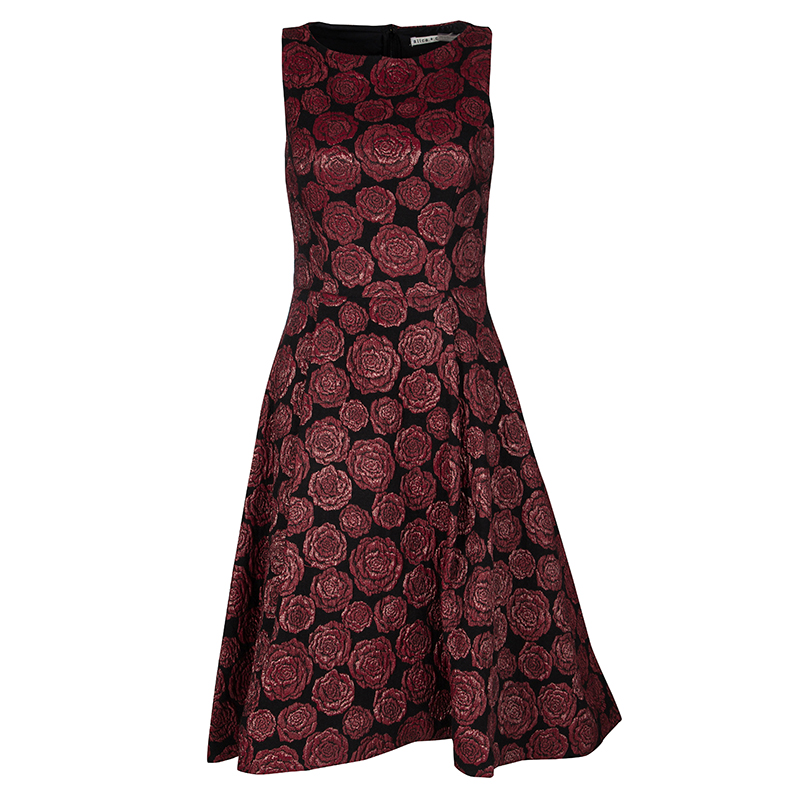 Alice + Olivia Black and Red Floral Jacquard Sleeveless Bailey Flounce Dress S