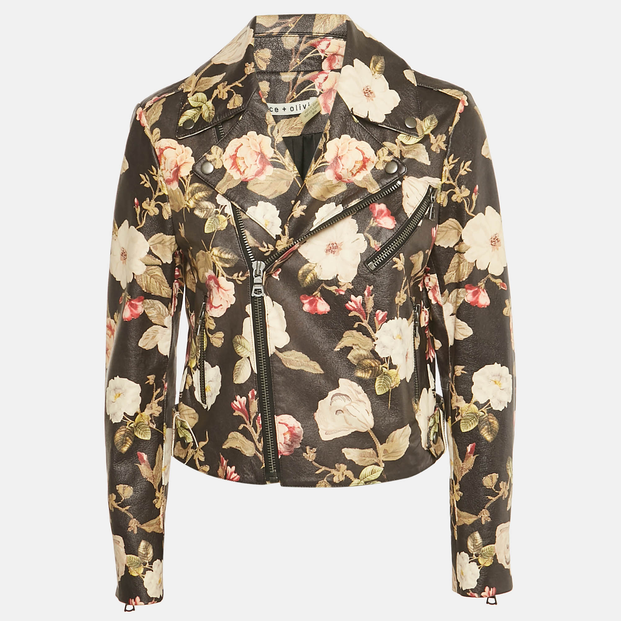 Pre-owned Alice And Olivia Black Floral Print Leather Zip-up Biker Jacket M