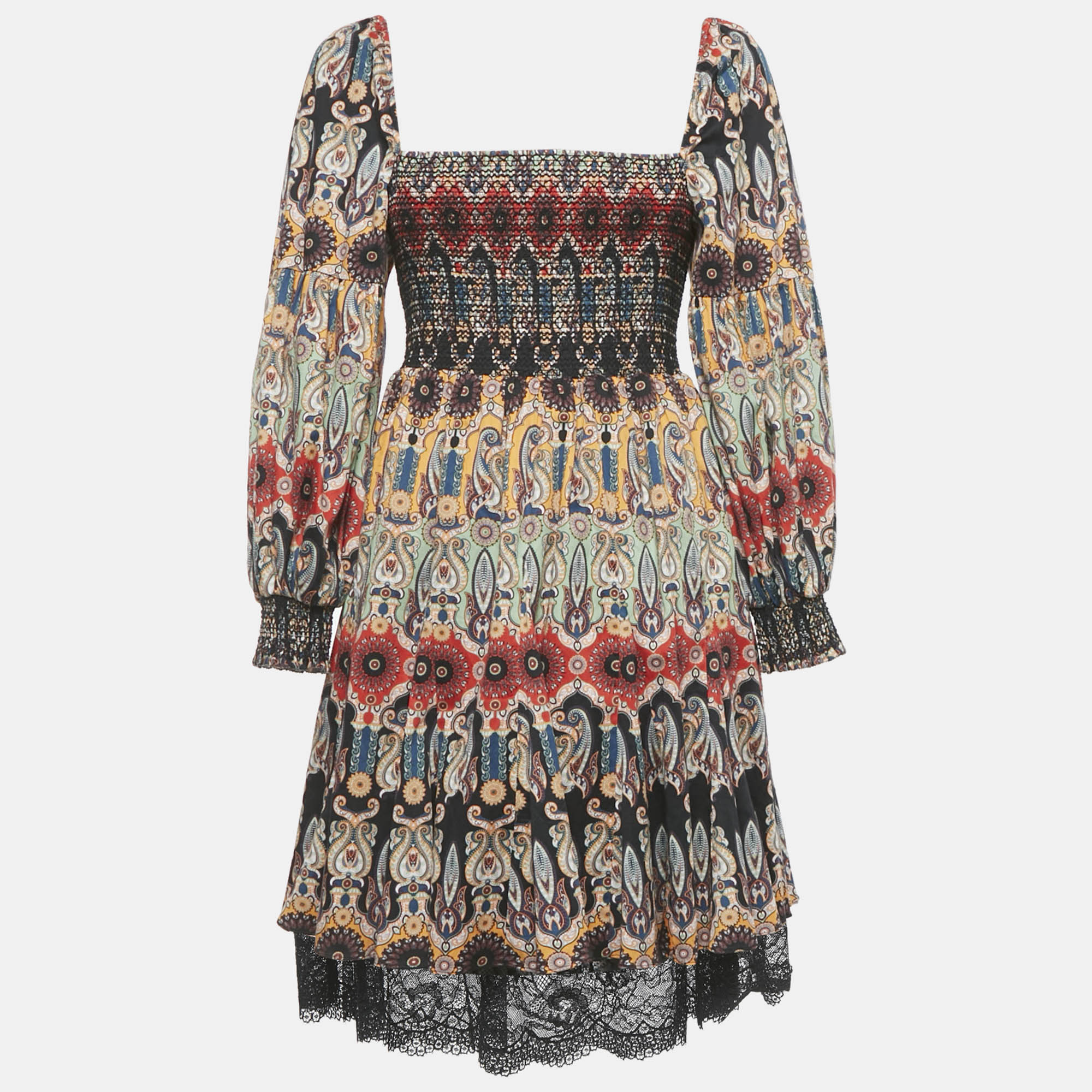 Pre-owned Alice And Olivia Multicolor Paisley Print Crepe & Lace Detail Mini Dress S