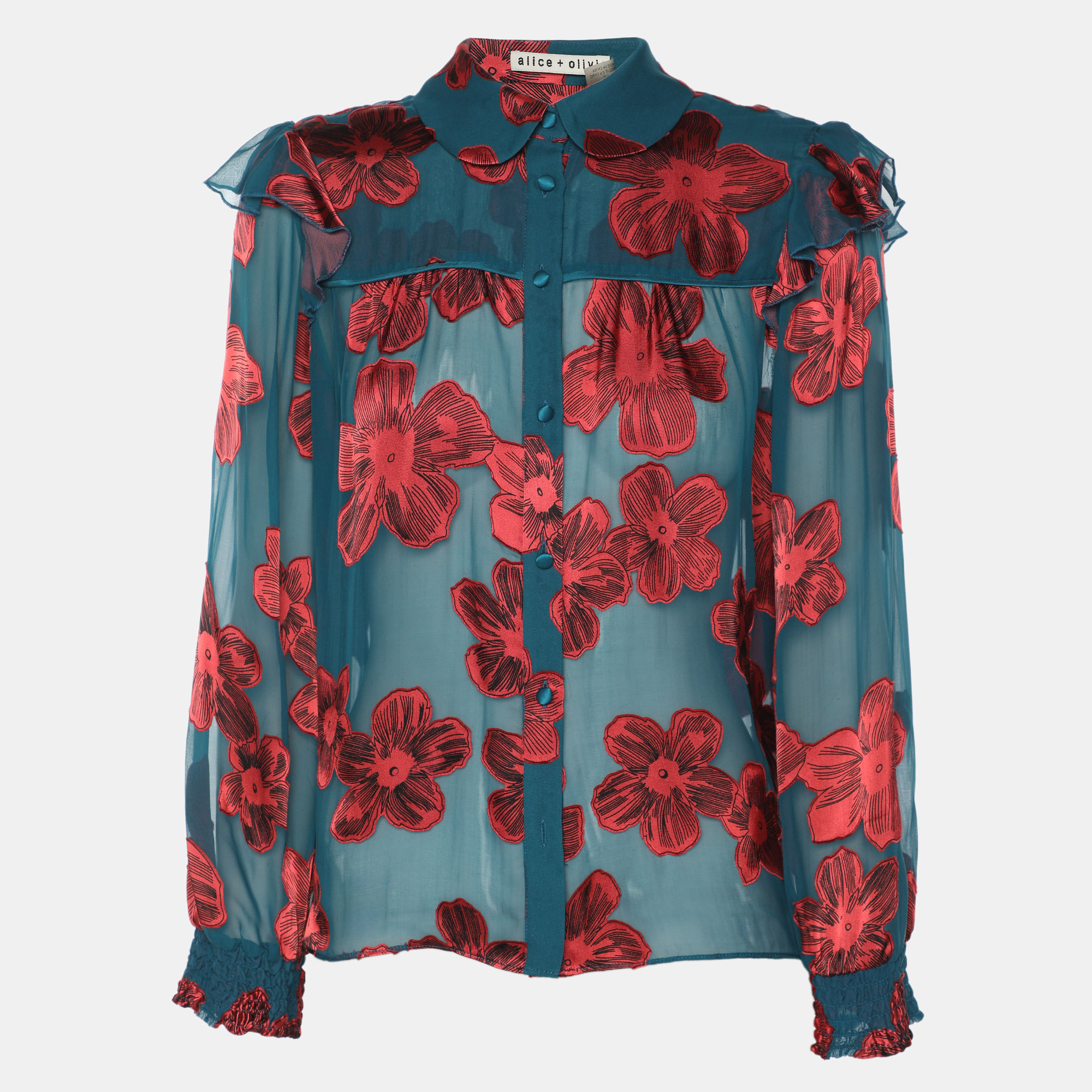 Pre-owned Alice And Olivia Teal/red Chiffon Floral Print Ziggy Ruffle Long Sleeve Blouse S In Blue