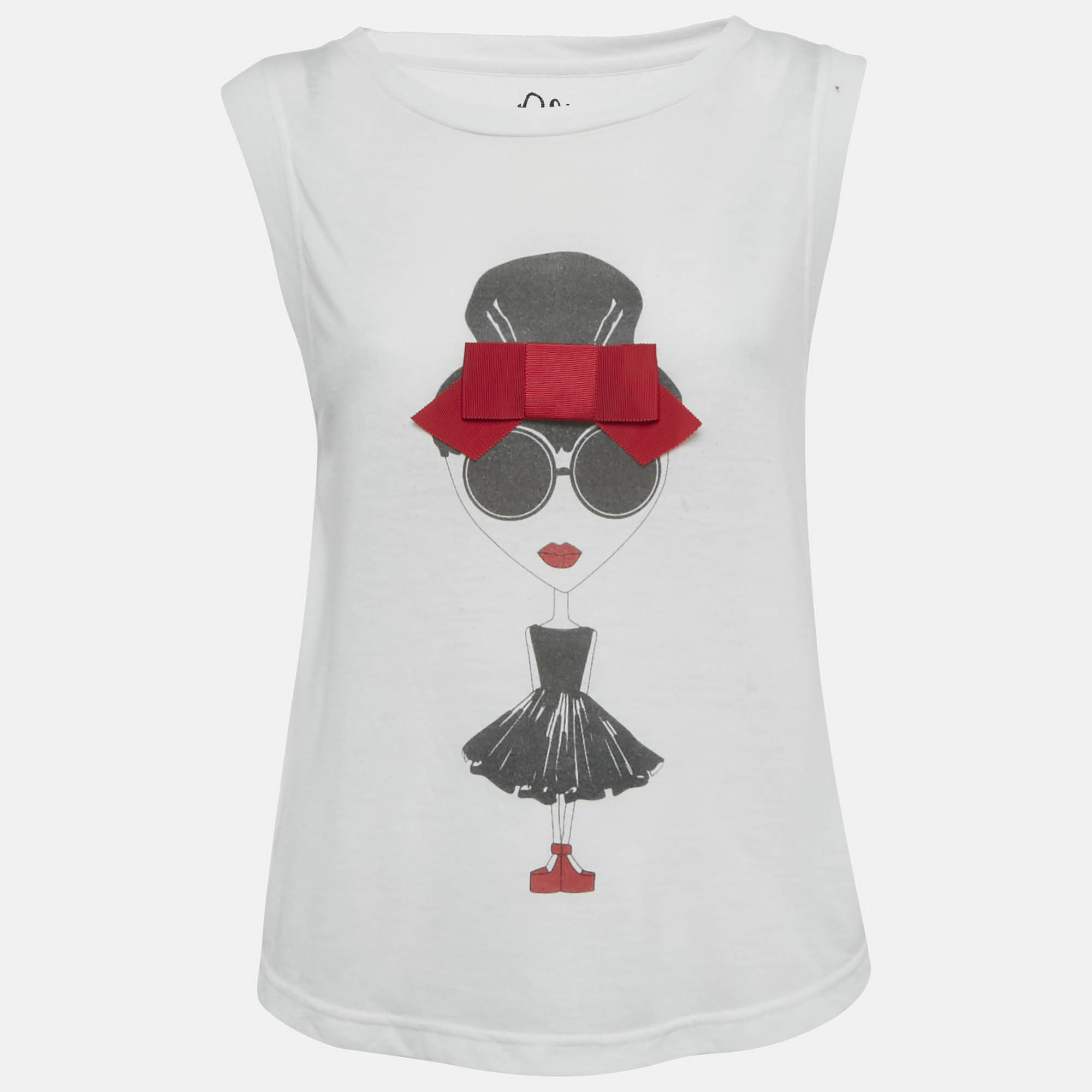 Pre-owned Alice And Olivia White Stace Face Print Bow Detailed Crepe T-shirt M/l