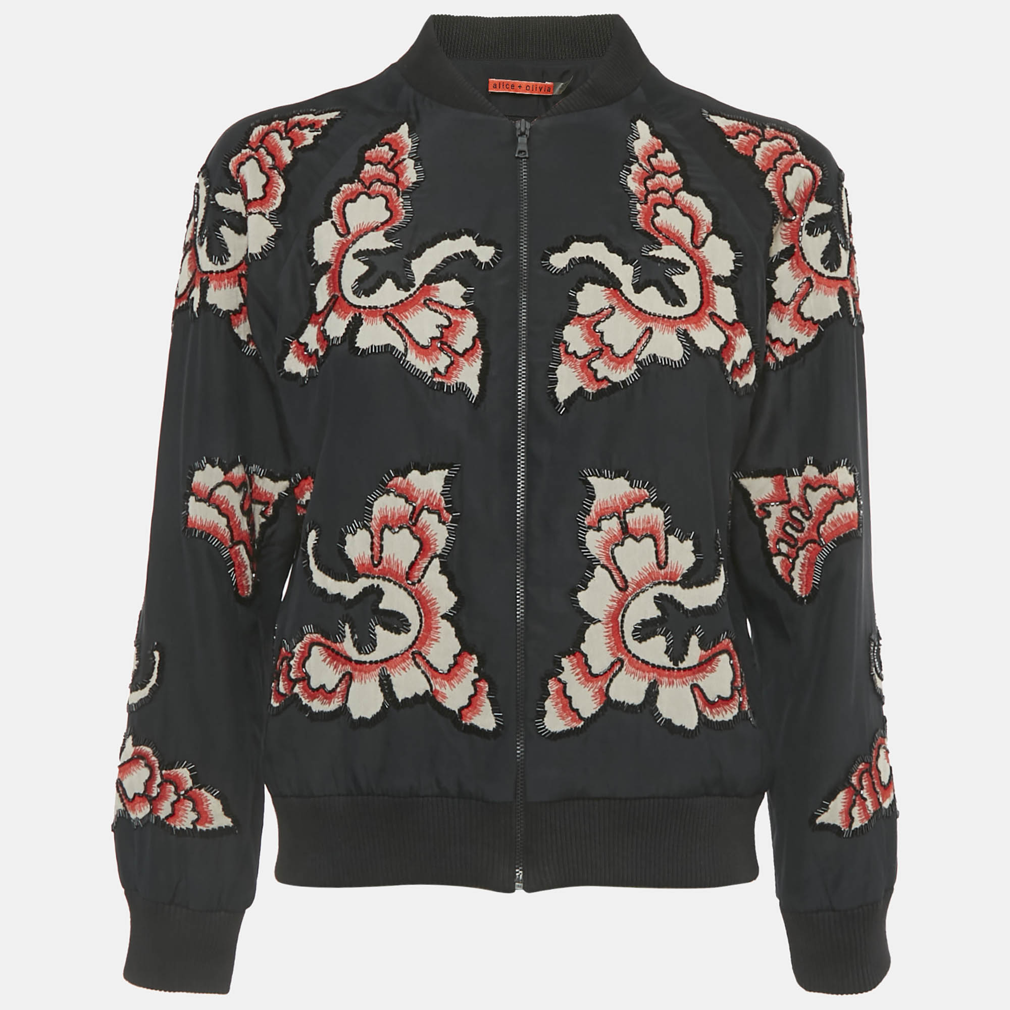 Pre-owned Alice And Olivia Black Embellished Silk Zip-up Bomber Jacket Xs