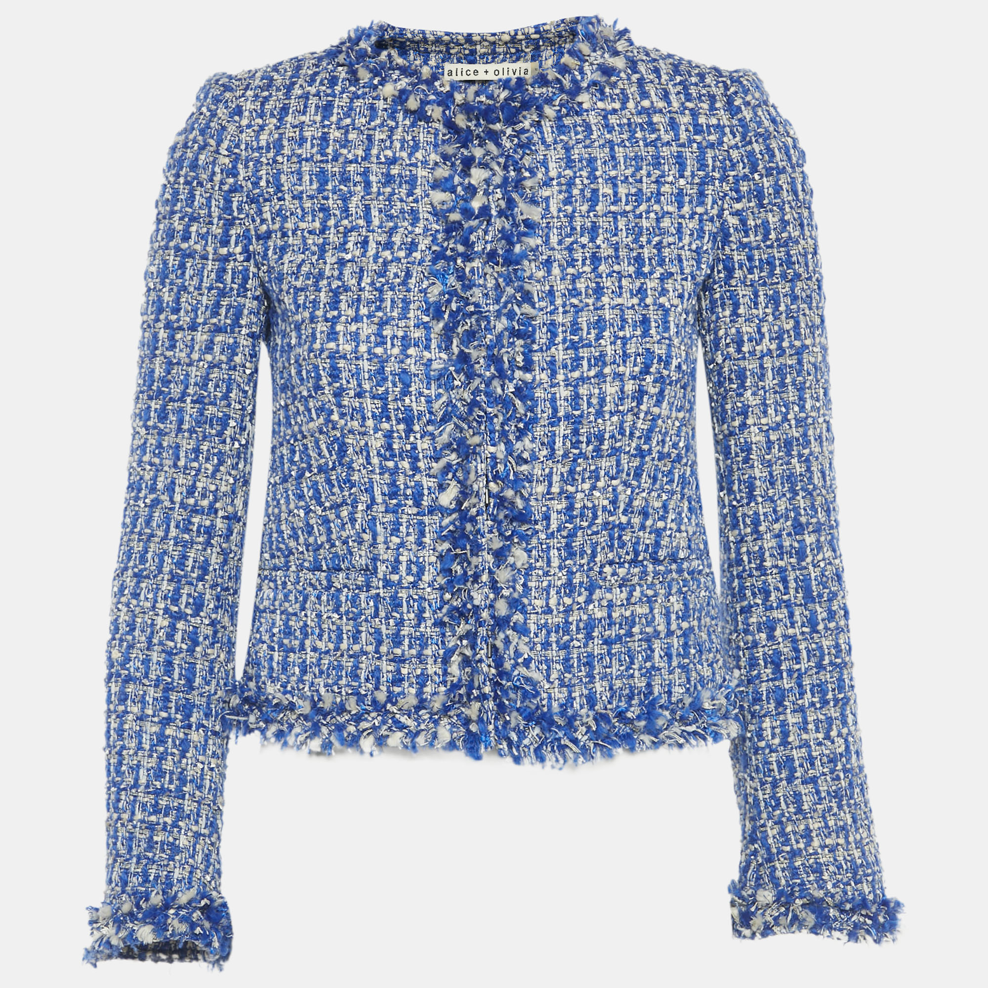 

Alice + Olivia Blue Lurex Tweed Frayed hem Nila Box Jacket M