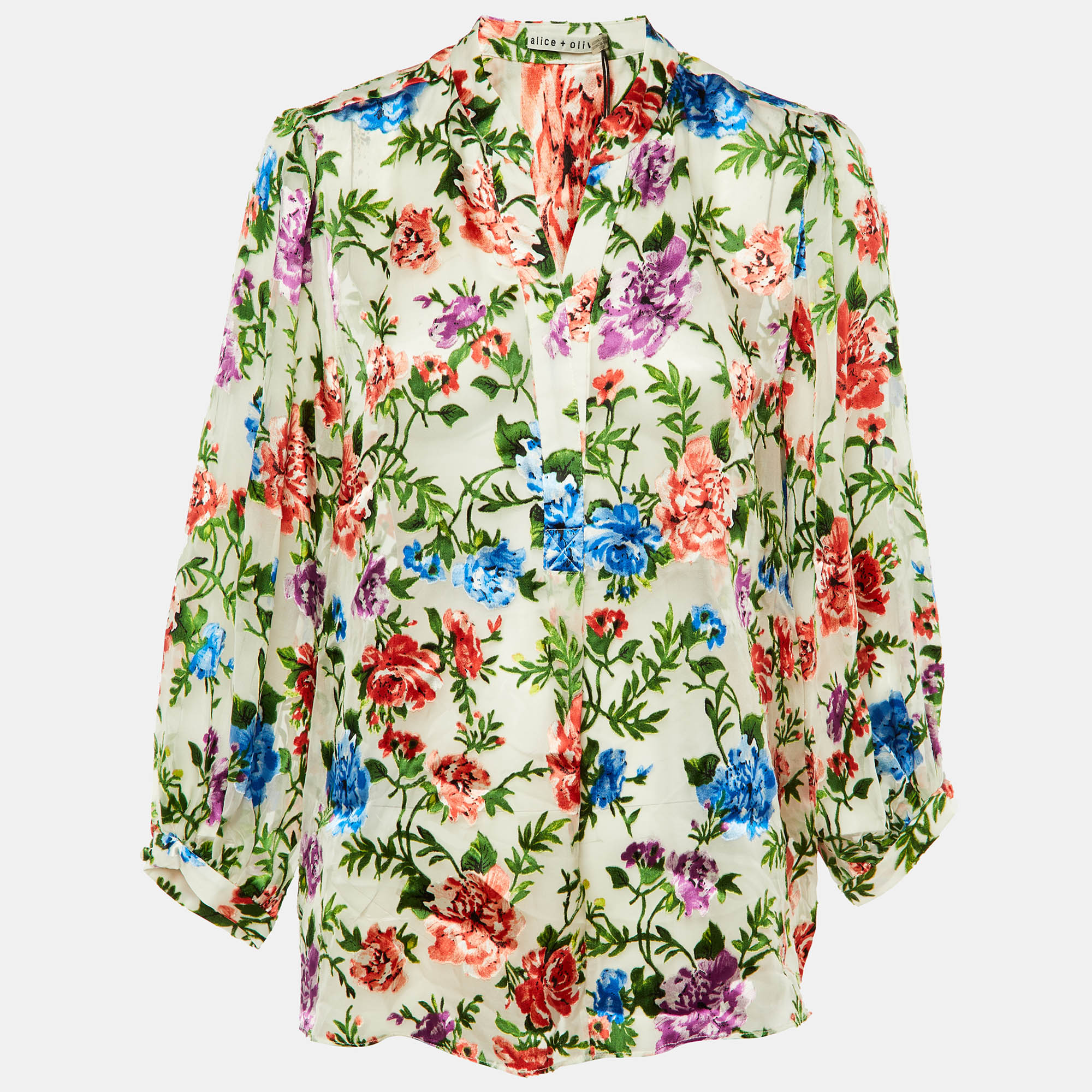 Pre-owned Alice And Olivia Cream Floral Devore Mandarin Collar Top Xl In White