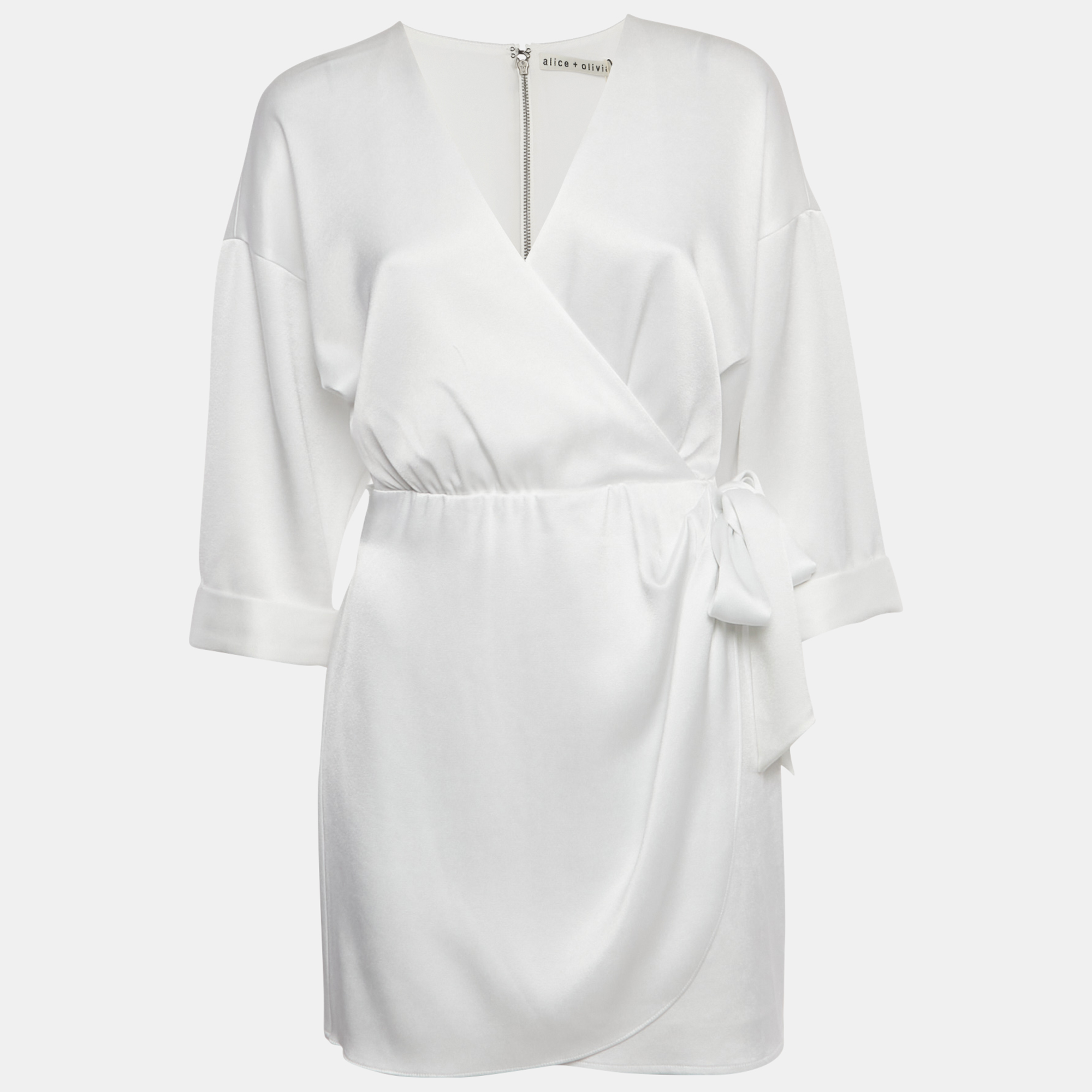Pre-owned Alice And Olivia White Satin Tie Detail Mini Dress M