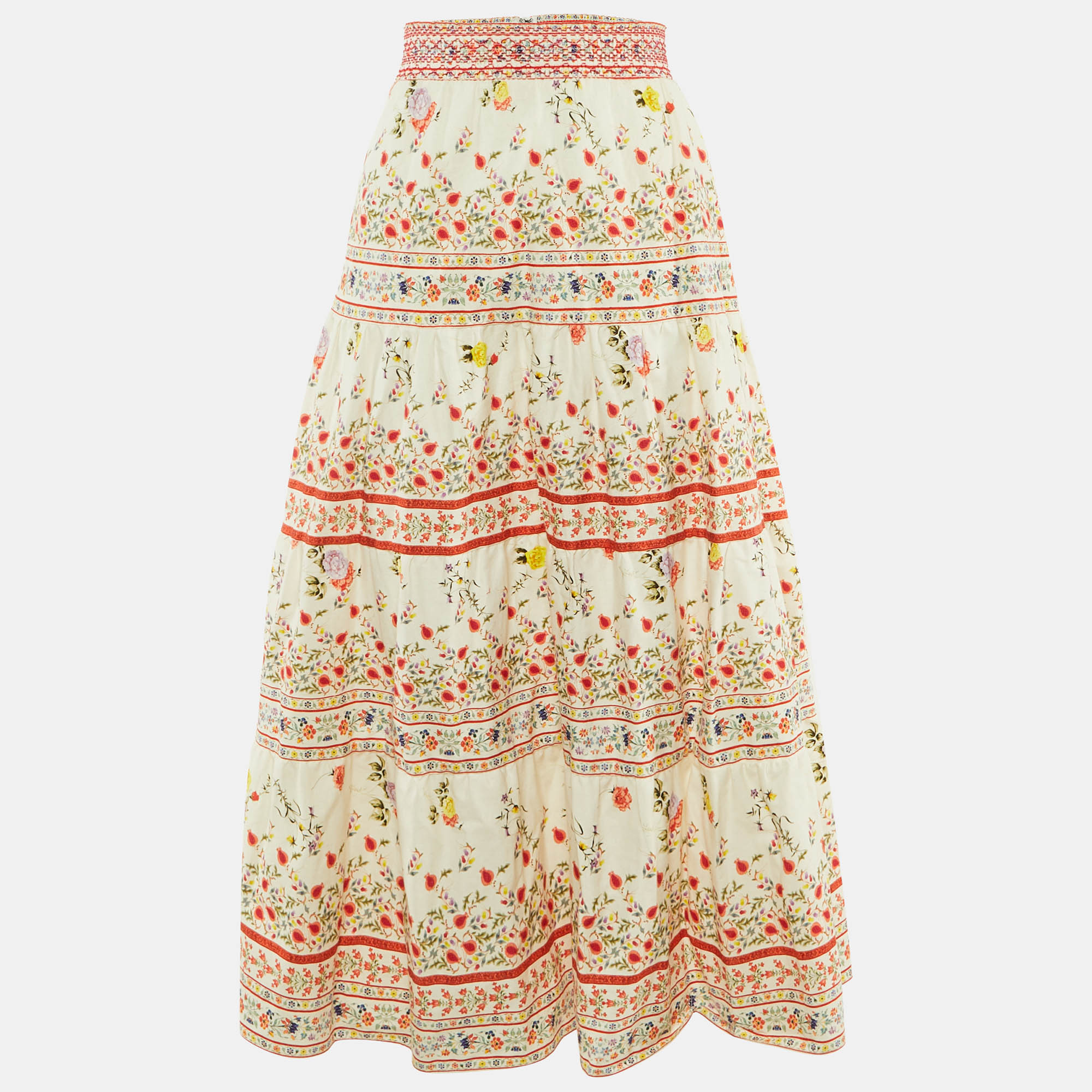 Pre-owned Alice And Olivia Beige Floral Print Linen & Cotton Tiered Melony Midi Skirt L In Sand