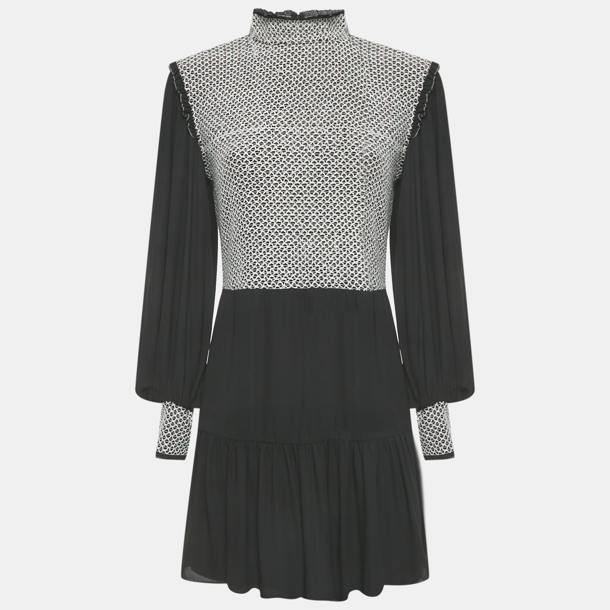 

Alice + Olivia Black Embroidered Detail Crepe Elvira Tiered Mini Dress M